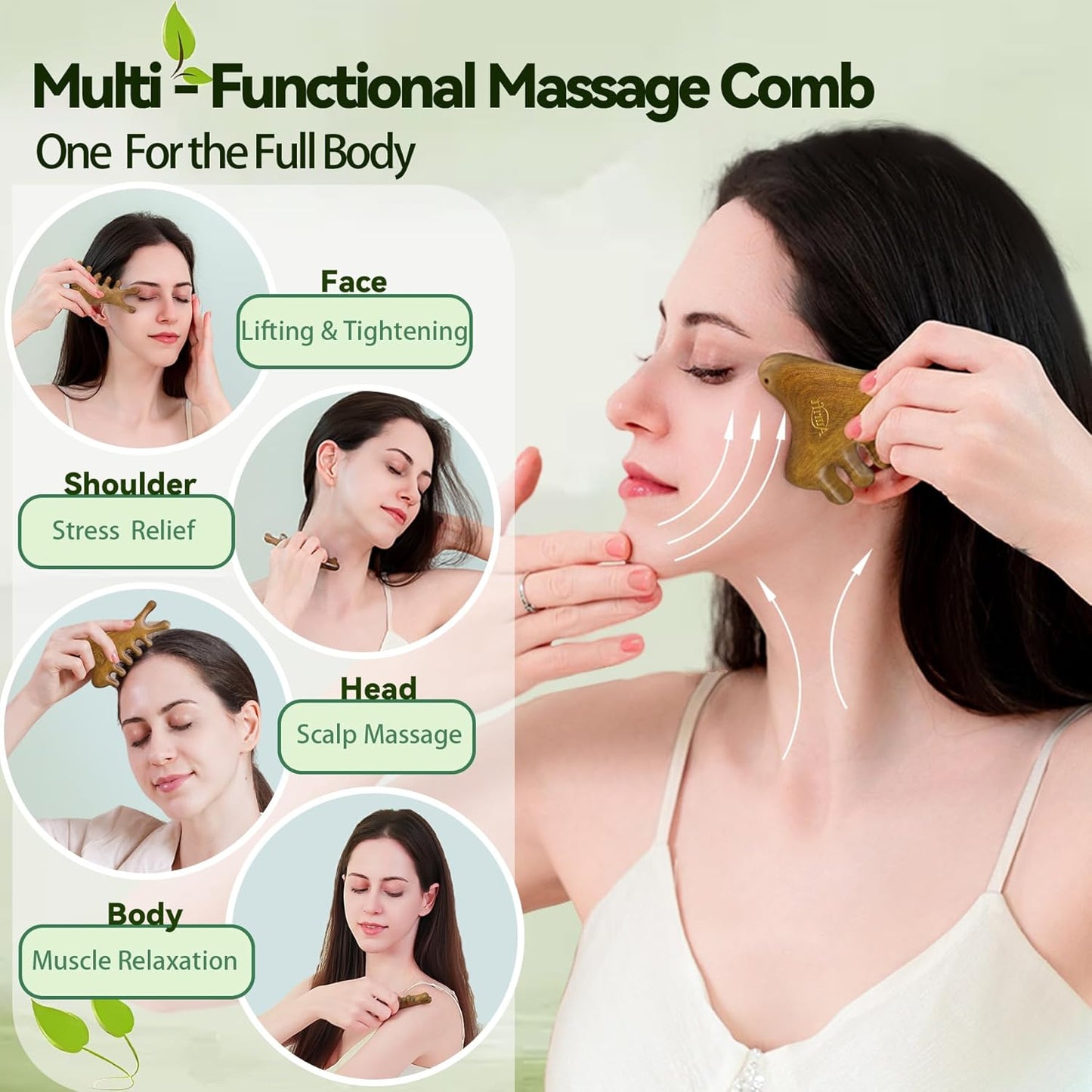 4-in-1 Gua Sha Tool for Face & Body, Natural Green Sandalwood – Lymphatic Drainage, Jaw Lifting & Nose Sculpting, Head Massage Comb for Stress Relief, Home Office Self Care Gifts for Mom Girl Friend