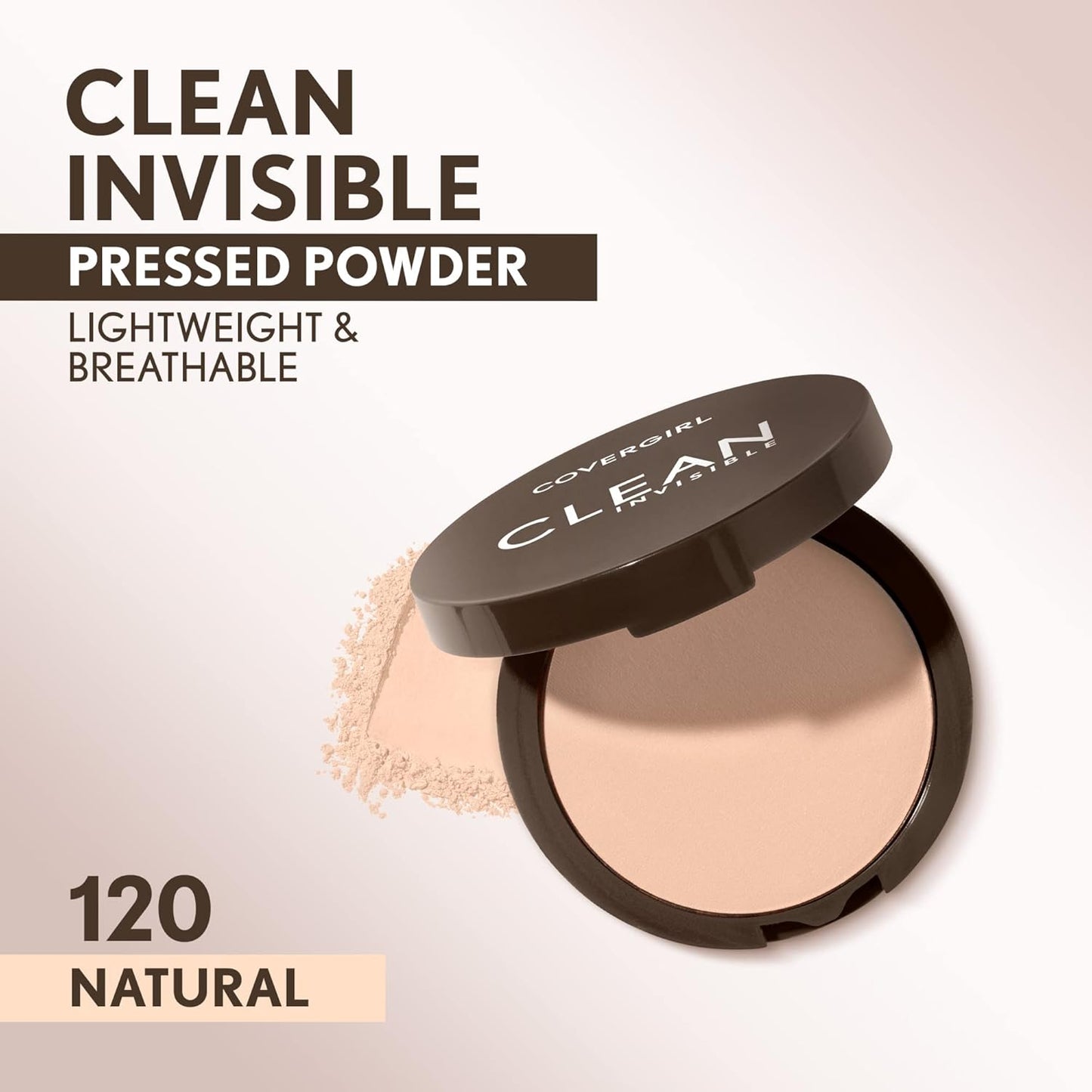 Covergirl Clean Invisible Pressed Powder, Lightweight, Breathable, Vegan Formula, Creamy Natural 120, 0.38oz