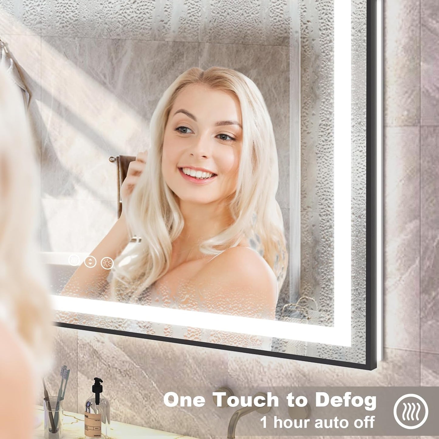 OKPAL LED Bathroom Mirror with Black Frame, 55x30 Lighted Mirrors for Bathroom Wall, Front and Backlit Bathroom Smart Mirror Dimmable, Anti-Fog, Memory, Shatterproof, ETL Listed