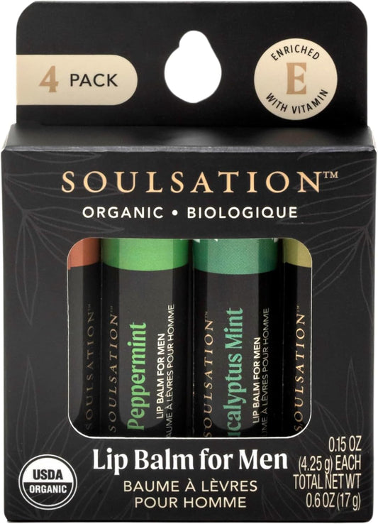 Organic Lip Balm Set for Men - 4 Flavors - 100% Natural Moisturizing for Cracked & Dry Lips