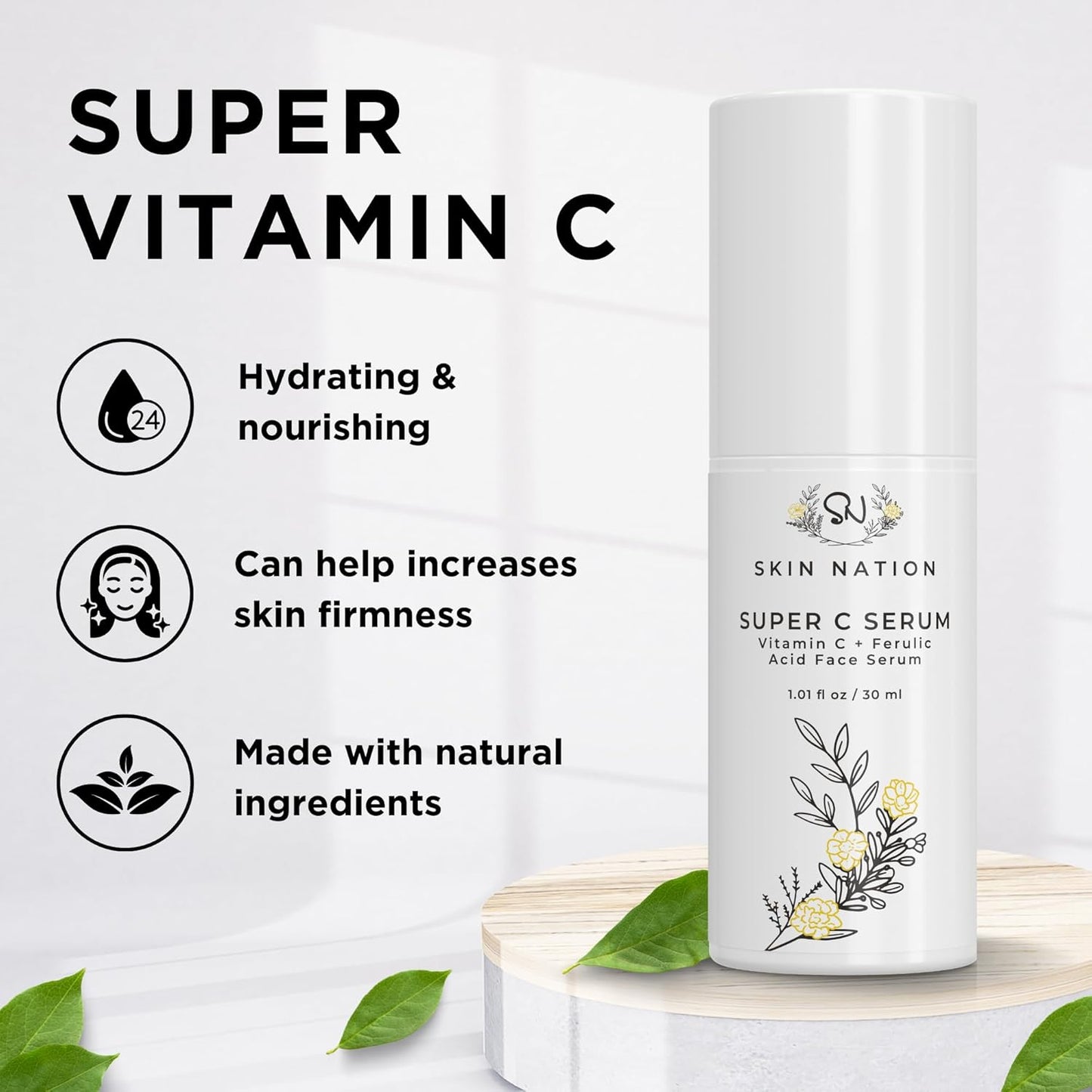 Skin Nation Super Hydrating Vitamin C Face Serum with Ferulic Acid, Aloe Vera, Rosehip Oil, Can Help Smooth Skin Texture and Supports Firmer Skin, for Dry and Sensitive Skin