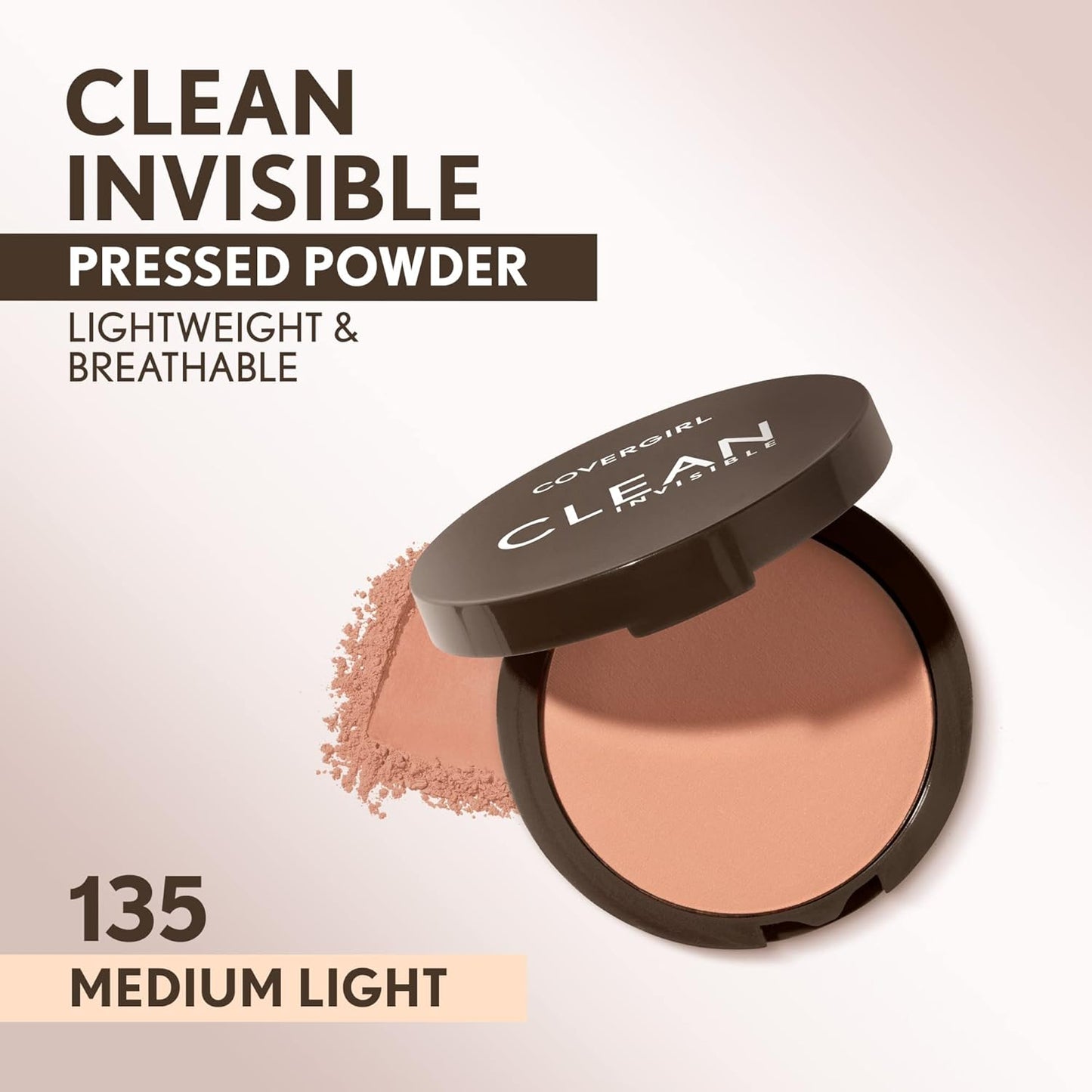 Covergirl Clean Invisible Pressed Powder, Lightweight, Breathable, Vegan Formula, Medium Light 135, 0.38oz (Pack of 2)