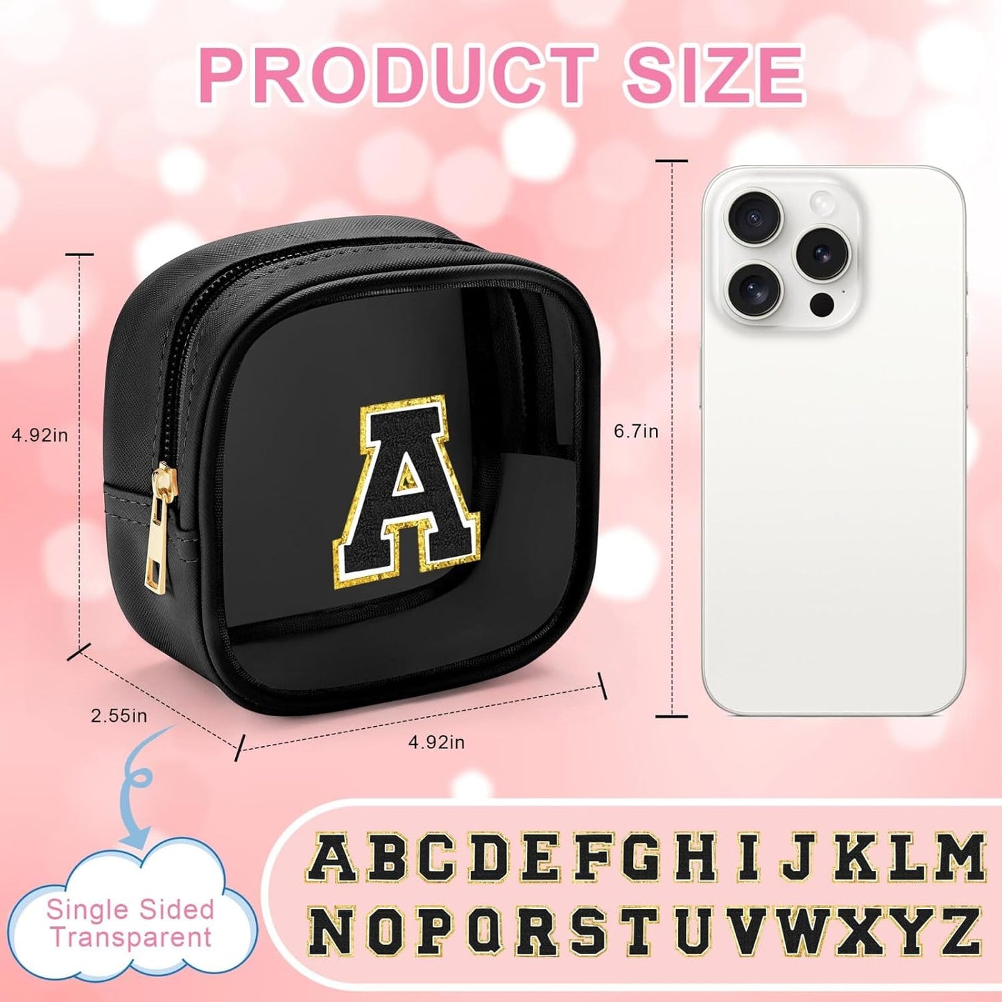 YOOLIFE Birthday Gifts Mini Initial Makeup Bag Travel Toiletry Bag, Clear Makeup Bag Car Accessories For Women Clear Makeup Bags With Zipper Girlfriend Teacher Girl Gifts Mini Graduation Gifts Black S