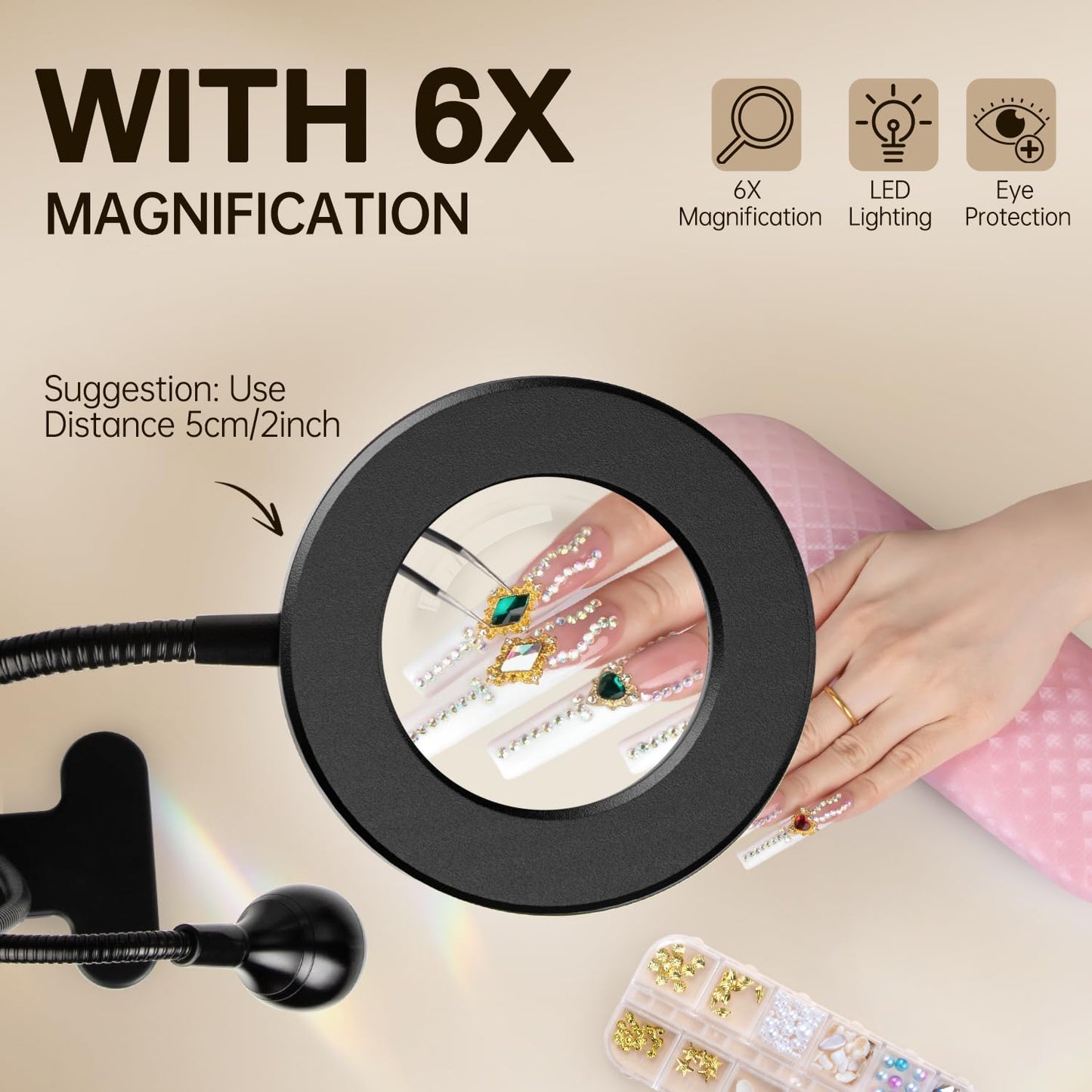 AORAEM LED UV Nail Lamp: Double-Headed Gooseneck U V Lamp for Gel Nails, LED Flash Cure Light with 6X Magnifier Home DIY Salon, Black