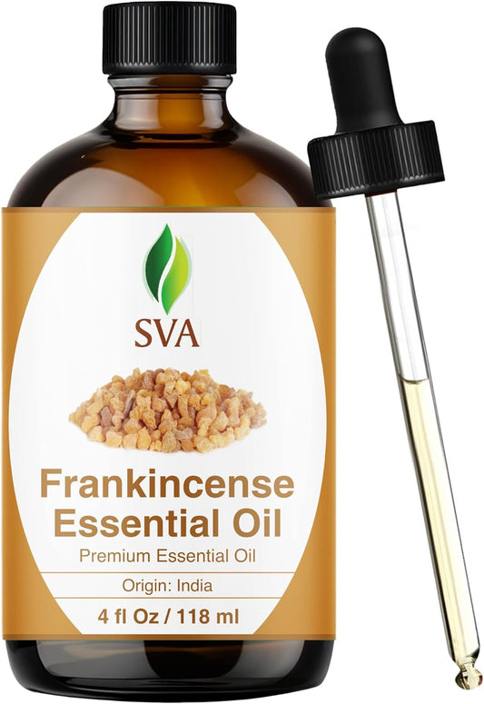 SVA Frankincense Essential Oil – 4 Fl Oz – 100% Natural Boswellia Serrata Oil - for Diffuser, Hair Care, Face, Skin Care, Aromatherapy, Scalp and Body Massage, Soap and Candle Making – with Dropper