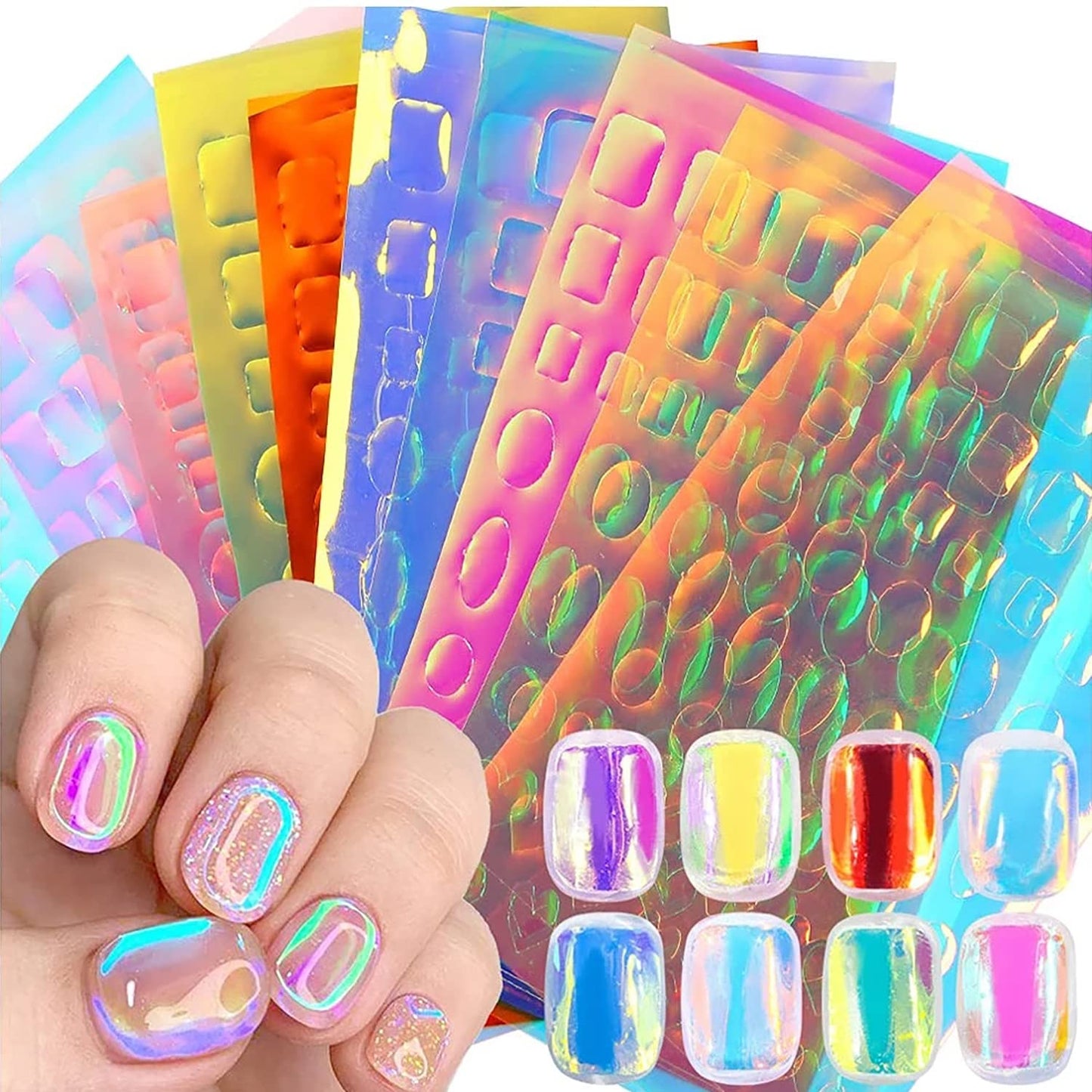 SILPECWEE 11 Sheets Aurora Nail Foil Laser Nail Stickers Glass Paper Nail Art Stickers Iridescent Cellophane Nails Designs Sticker Holographic Film 3D Nails Decoration for Women Kids