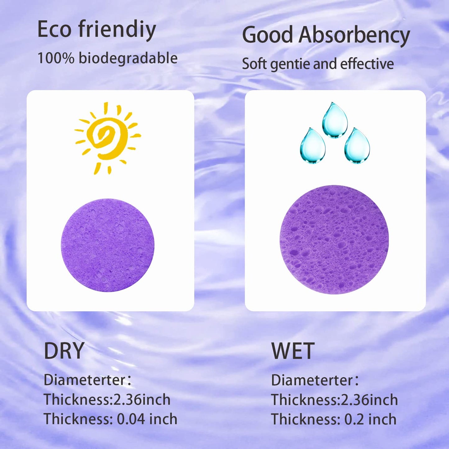 100-Count Facial Sponges Compressed Natural Cellulose Sponge Round Shape Face Sponge for Face Cleansing Exfoliating and Makeup Removal, Purple