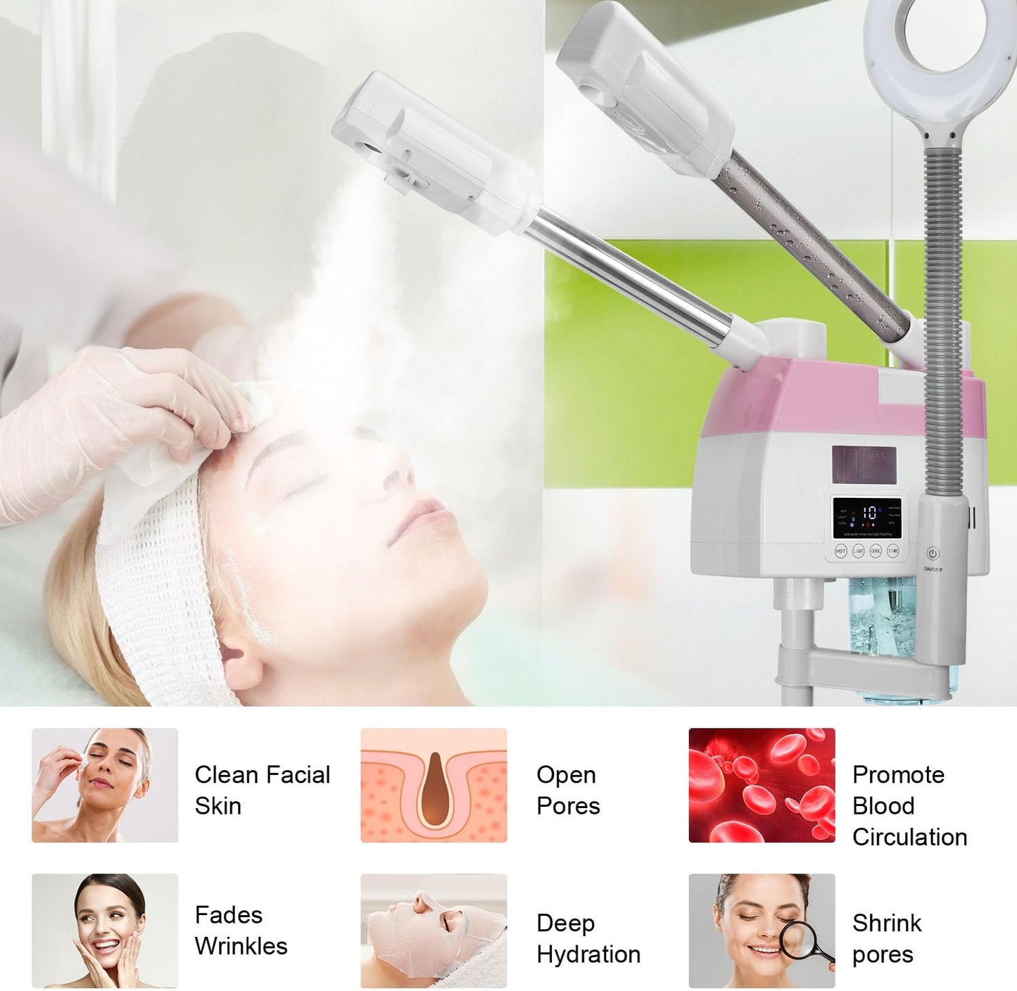 Professional Facial Steamer, 3 in 1 Facial Steamer with 5X Magnifying Lamp Hot&Cool Mist, Esthetician Steamer on Wheels, Stand Face Steamer with Time Setting for Home Salon Spa