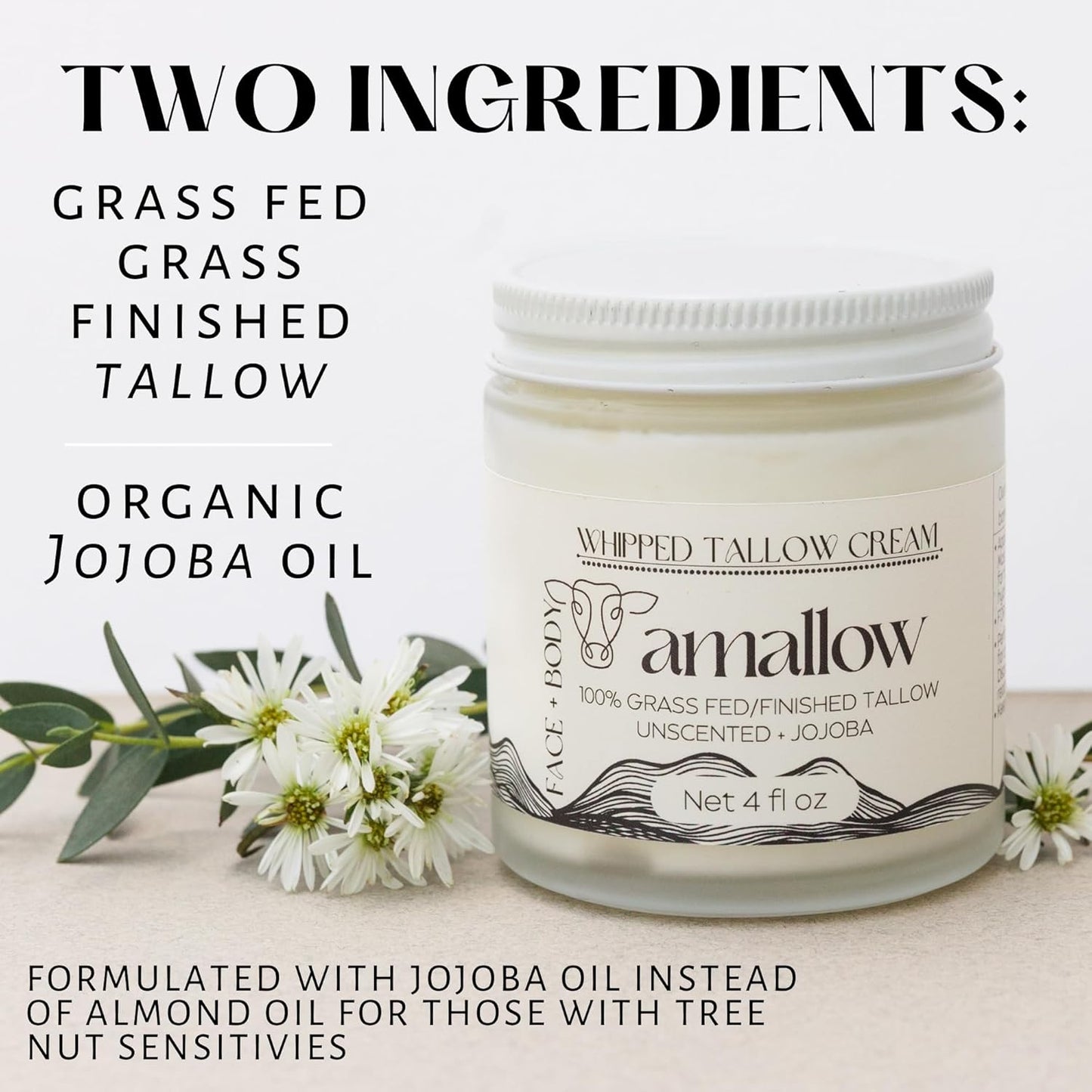 Amallow 100% Grass Fed Beef Tallow for Skin Care - Face + Body - Whipped Moisturizer for Sensitive Skin - Natural Lotion, 4 FL. oz. (Unscented + Jojoba Oil)