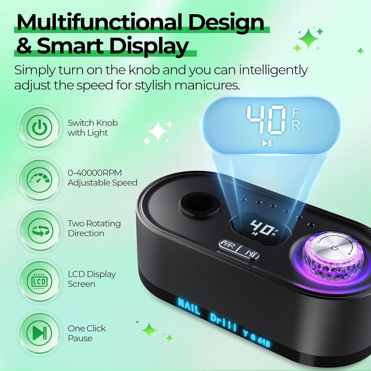 Electric Nail Drill Professional: 40000RPM Electric Nail File Kit E File Nail Drill Machine with LCD Display for Acrylic Gel Nail, Manicure Pedicure Polishing Nail Grinder for Salon Home Use