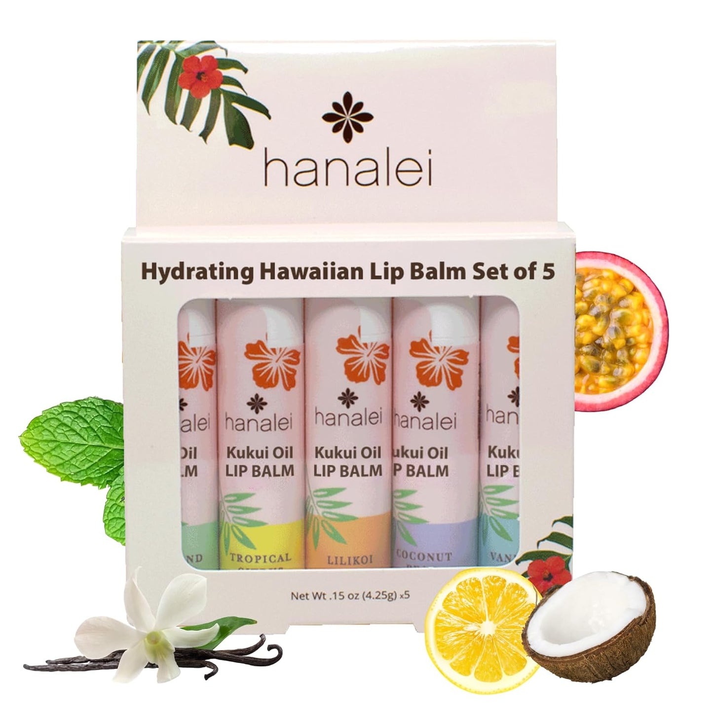 Hanalei Lip Balm & Moisturizer Variety Pack (5 Tubes) – Hydrating Care with Natural Kukui Oil & Beeswax – Soothes, Repairs & Nourishes Dry, Chapped Lips – Long-Lasting Moisture & Protection