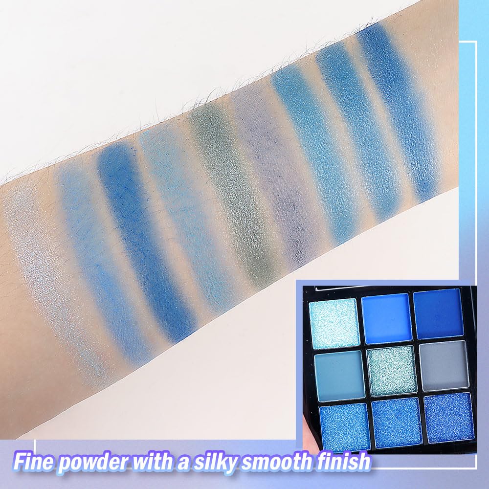 9 Colors Blue Smoky Matte Shimmer Eyeshadow Palette with Mirror for Eye Makeup,High Pigmented Eye Shadow Primers Powder Palet de sombras de ojos