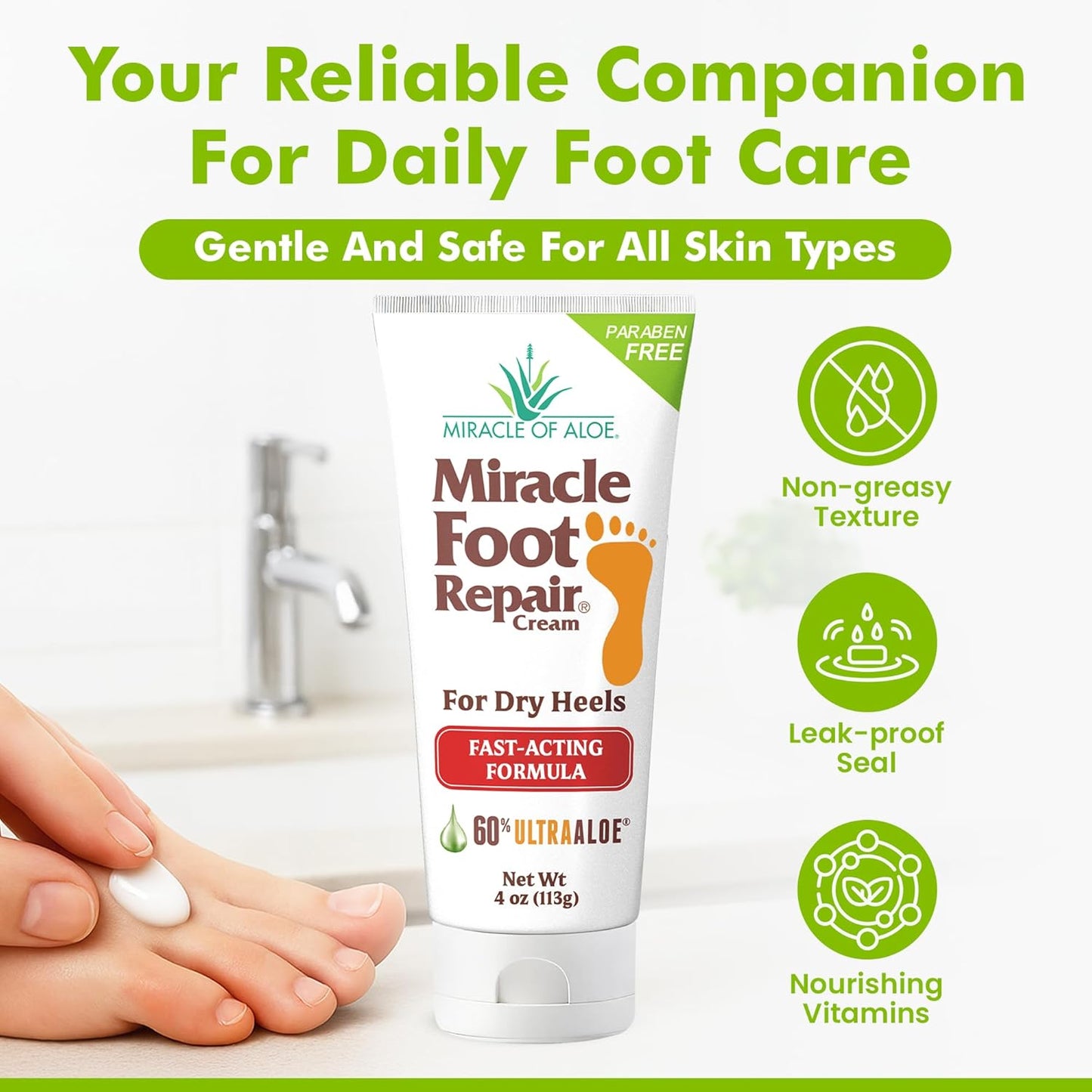 Miracle Foot Repair Cream, 4 oz Repairs Dry Cracked Heels and Feet, Diabetic-Safe, 60% Pure Ultra Aloe Moisturizes, Softens, and Repairs, Relief from Discomfort of Ingrown Toenails (2-Pack)