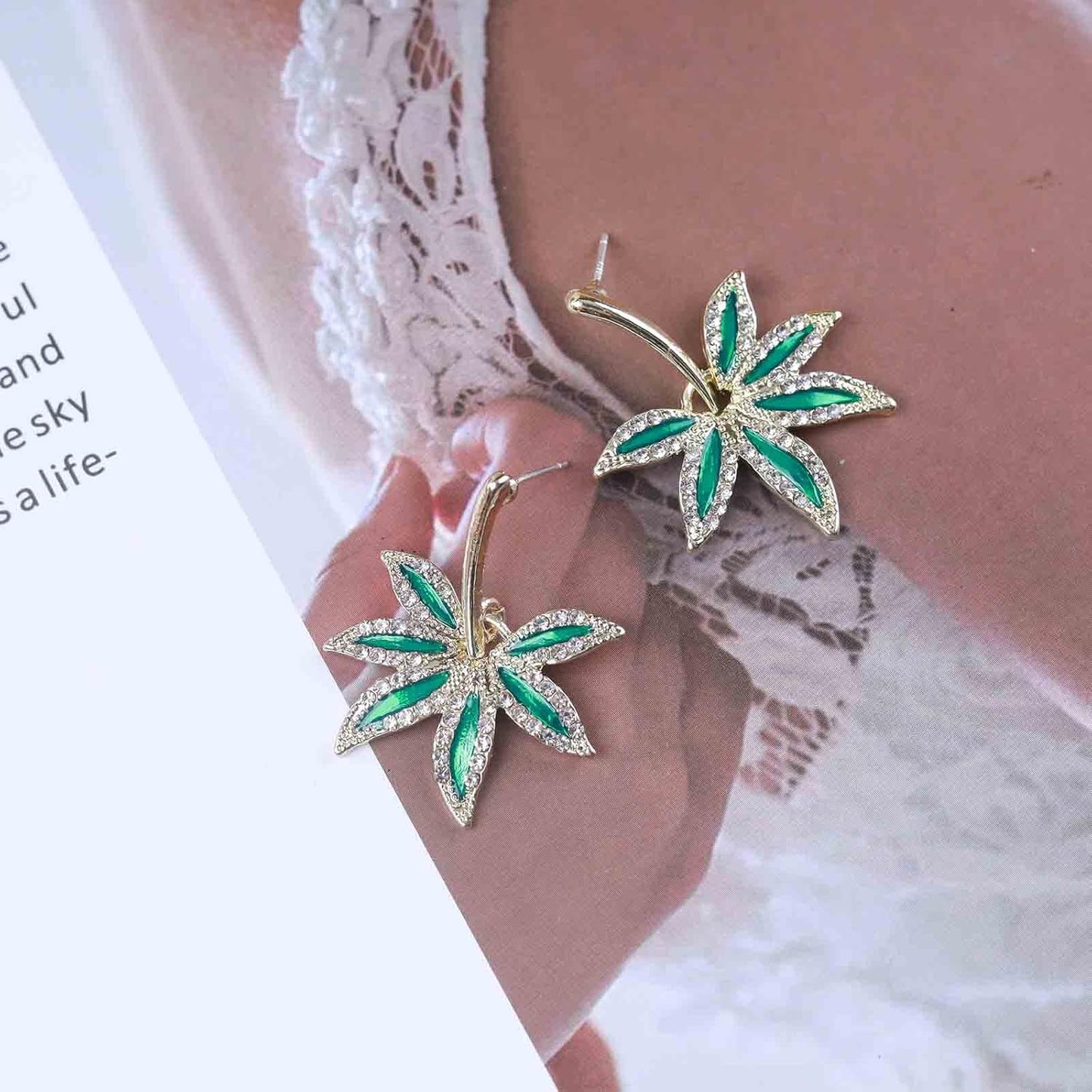 Vintage Emerald Pot Leaf Earrings Green Leaf Drop Earrings Green Marijuana Leaf Earrings Gold Cz Leaf Dangle Earrings Jewelry for Women