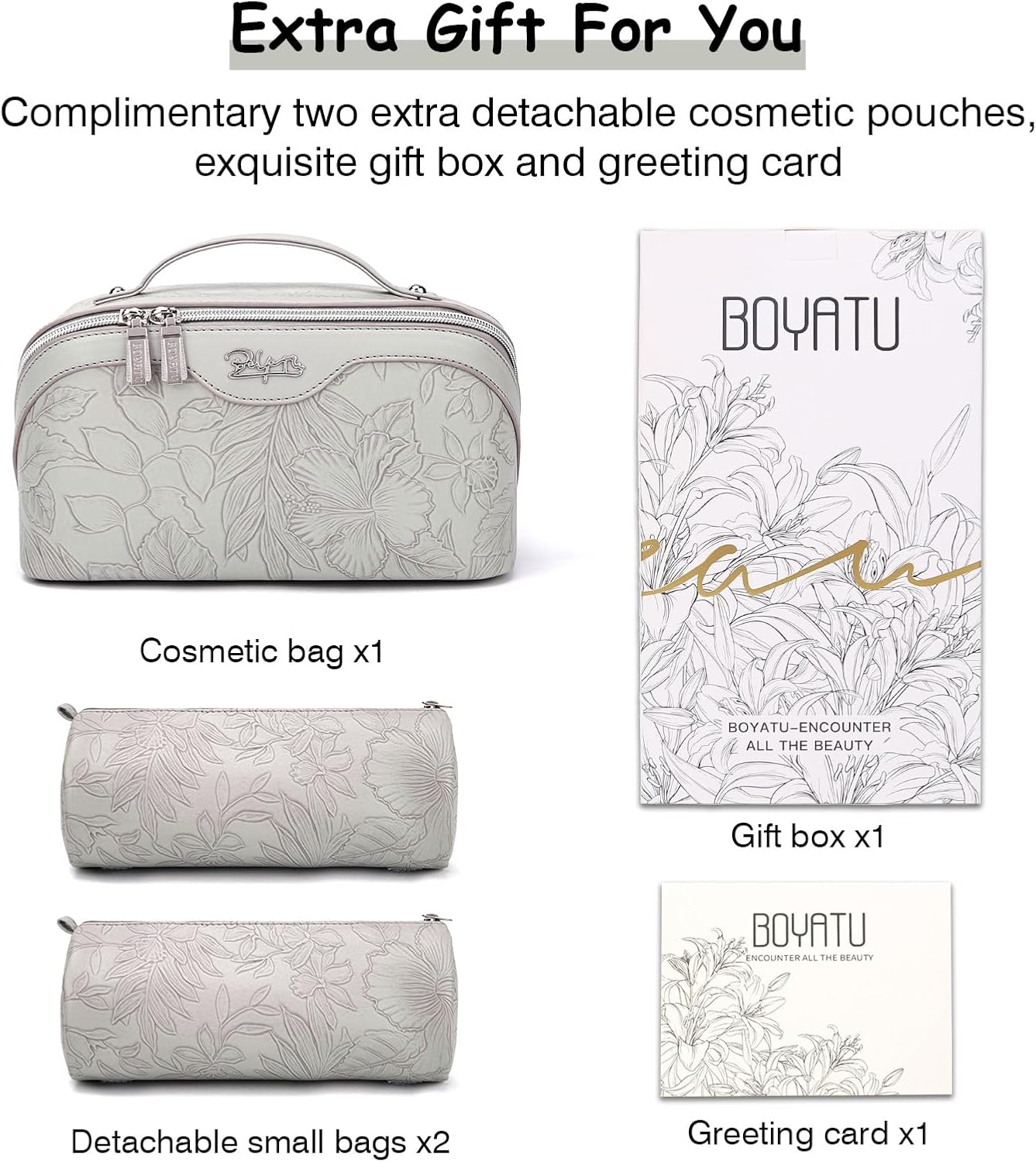 BOYATU Travel Makeup Bags Cosmetic Organizer Bag: 3-Set Large Capacity Make up Bag - PU Leather Toiletry Bags for Women - Wide Open Portable Pouch with Divider & Handle (03-Light Gray)