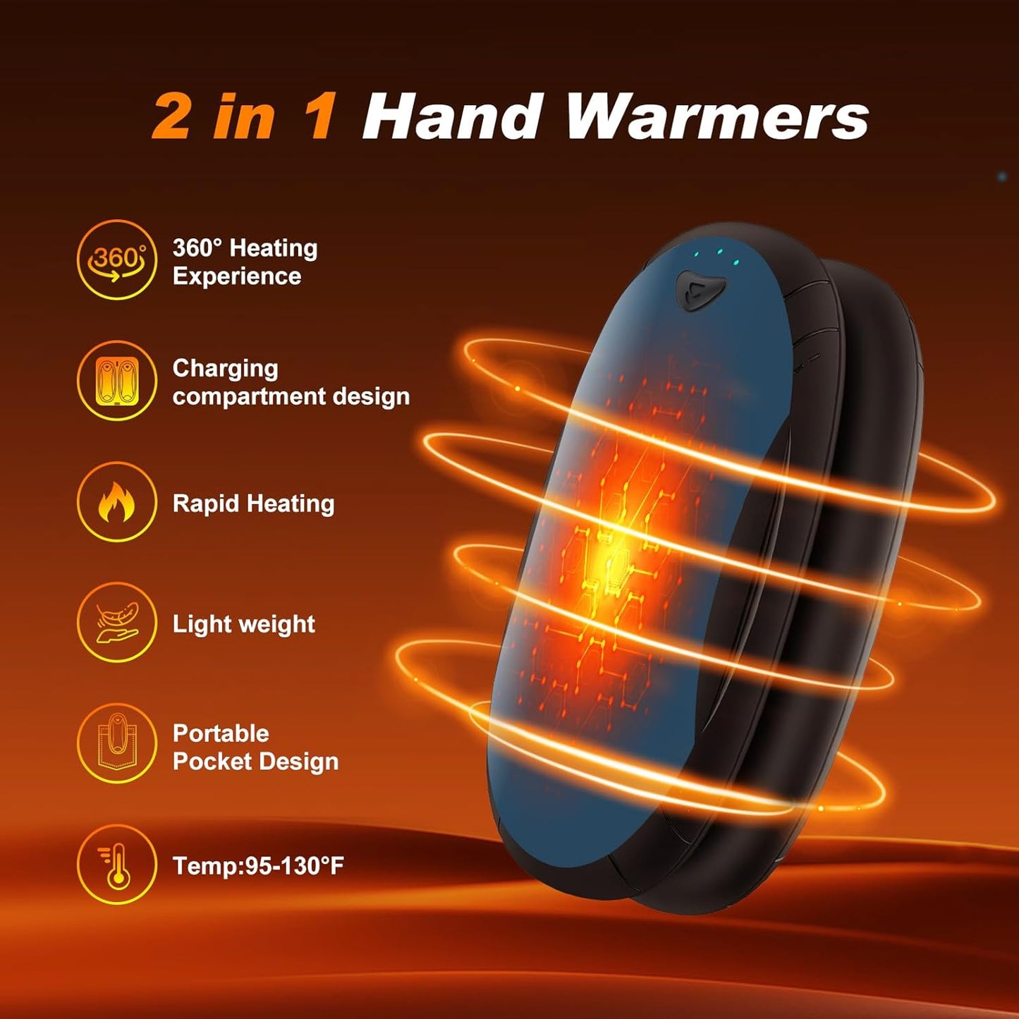 Hand Warmers 2 Pack with 10000mAh Charging Box,Portable Pocket Heater,24Hrs Long Safe Heat,Outdoor, Travel, Golf, Hunting, Camping,Gifts for Men Women