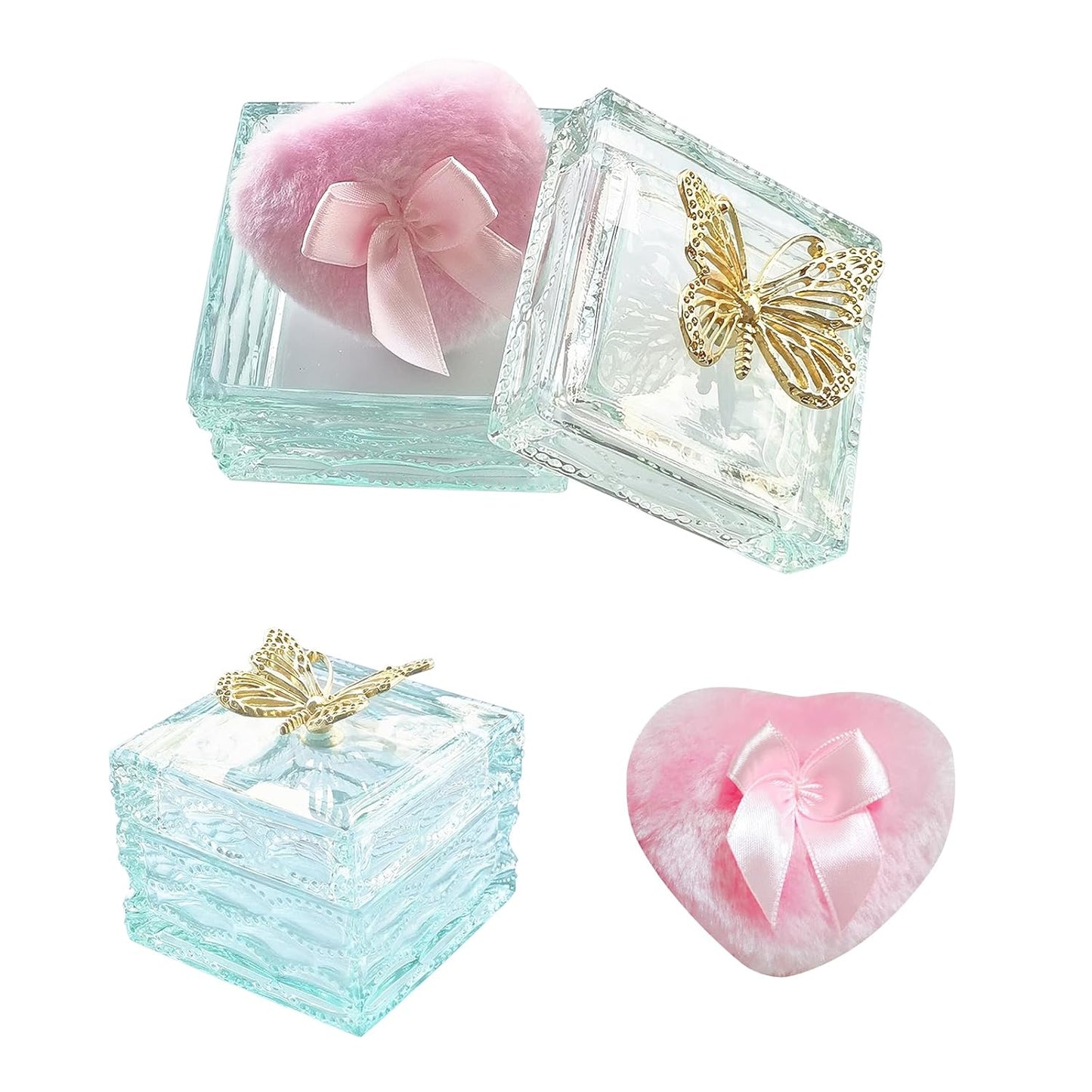 Body Powder Puff and Container - Glass Dusting Powder Container with Soft Puffs Vintage Powder Puff Case for Women & Girls (3.23x3.23x2.95 H IN) - GRB016-Light Green