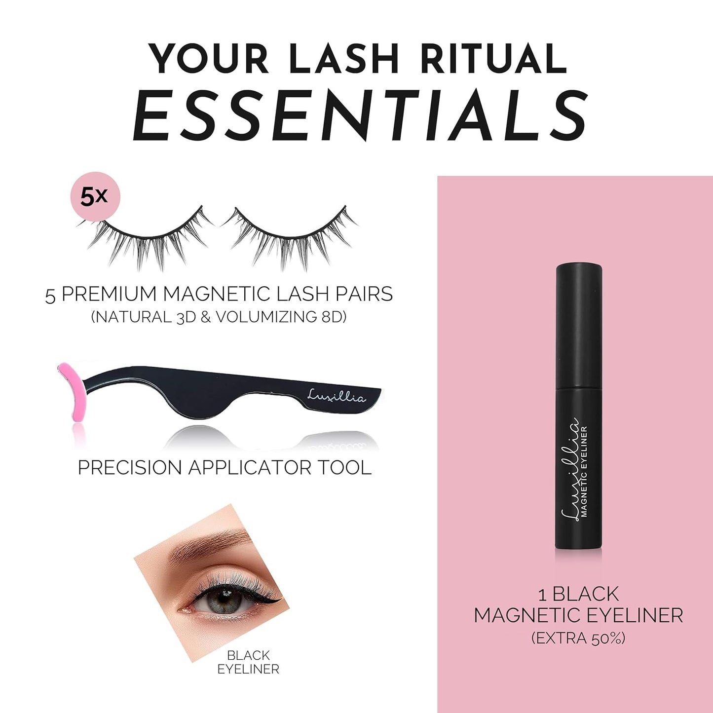 Luxillia Magnetic Eyelashes Kit – 7 Piece Magnetic Eyelash & Eyeliner Set with Applicator – Natural Look Easy Apply Reusable Fake Extension Lashes, No Glue – Pestañas Postizas Magnéticas Naturales