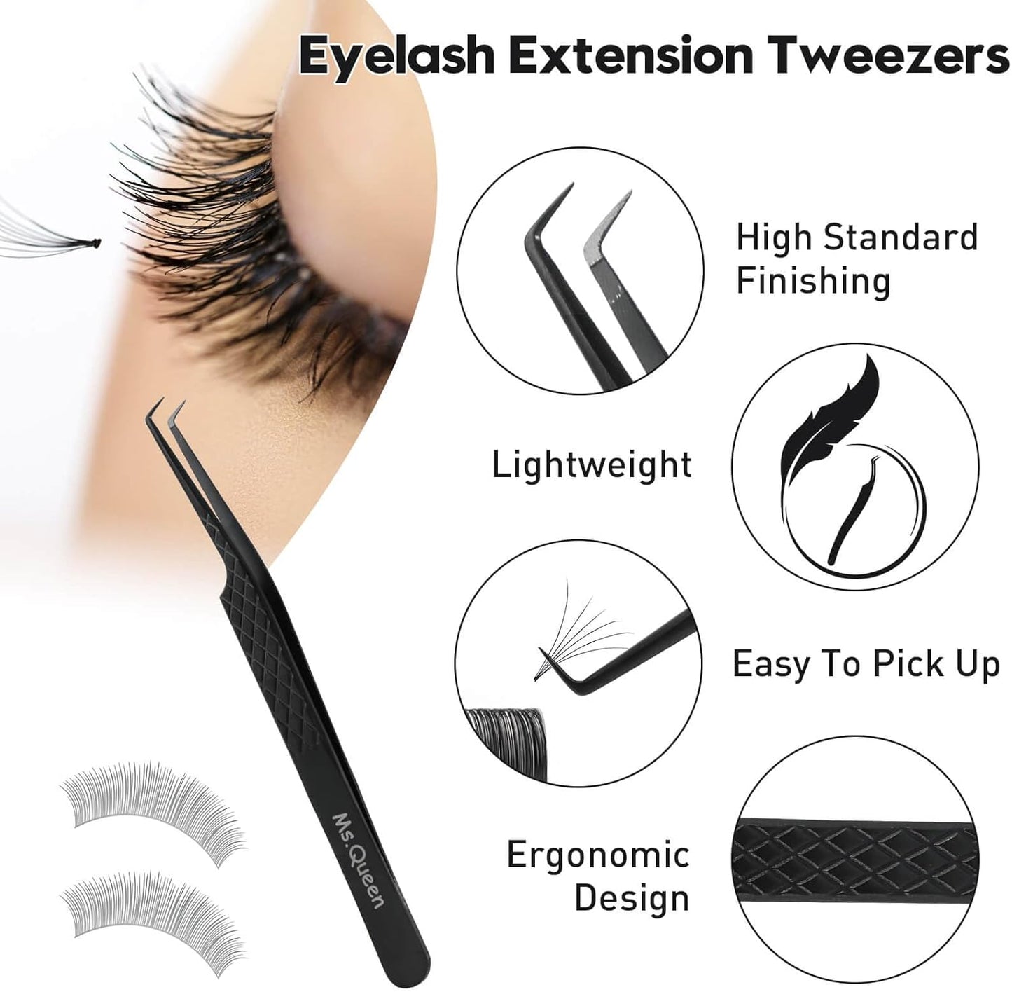 Ms.Queen Fiber Tip Tweezers for Lash Extensions, Precision 90 Degree Eyelash Tweezers for Volume & Classic Lashes,Black