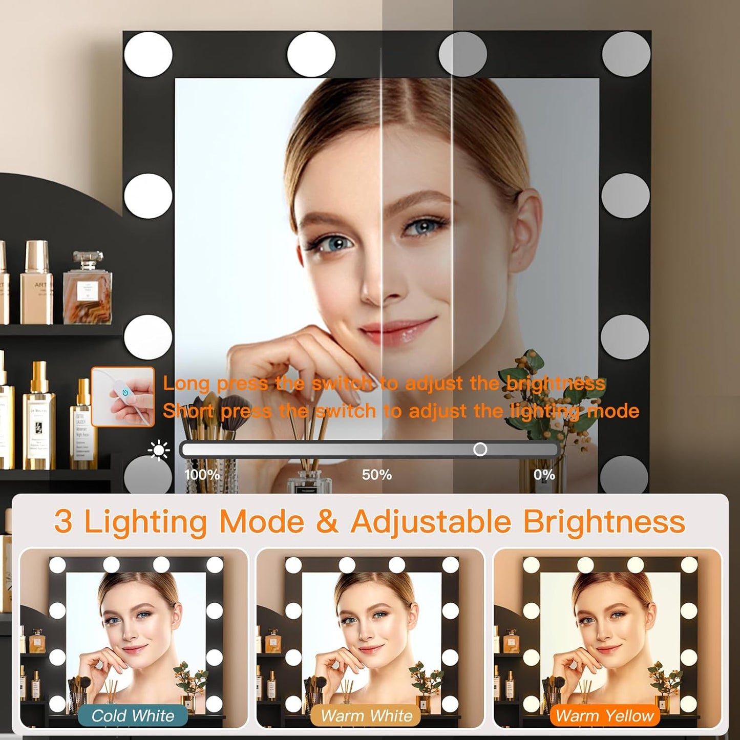 Quimoo Makeup Vanity with 10 Light Bulbs and Charging Station, Vanity Desk with Lighted Mirror & 4 Drawers, Vanity Table Set with Cushioned Stool, Black