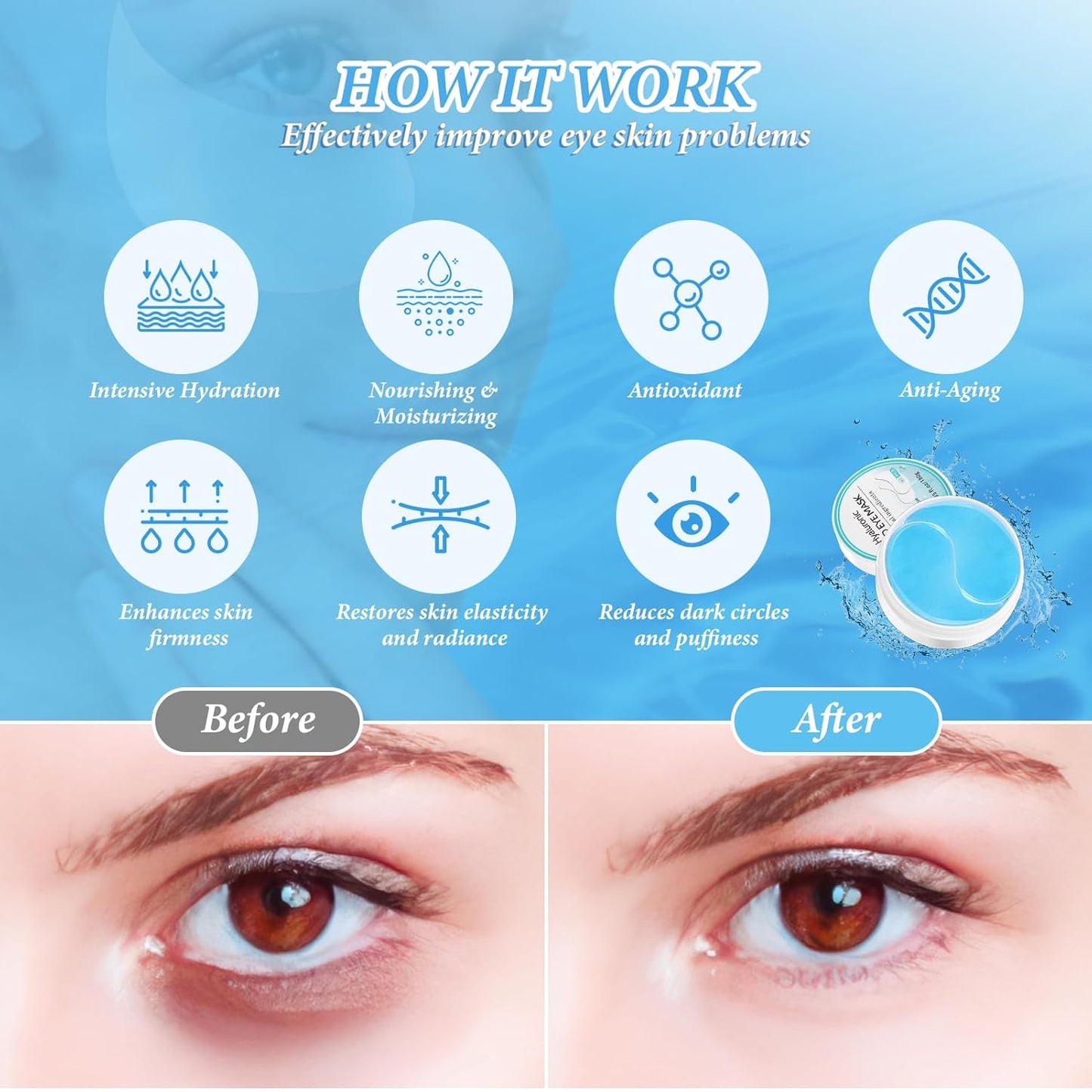 Under Eye Patches for Dark Circles, Eye Masks for Puffy Eyes Wrinkles Under Eye Bags Firmness 30 Pairs Skin Treatment Pads with Hyaluronic Acid and Collagen Women Men (Blue)