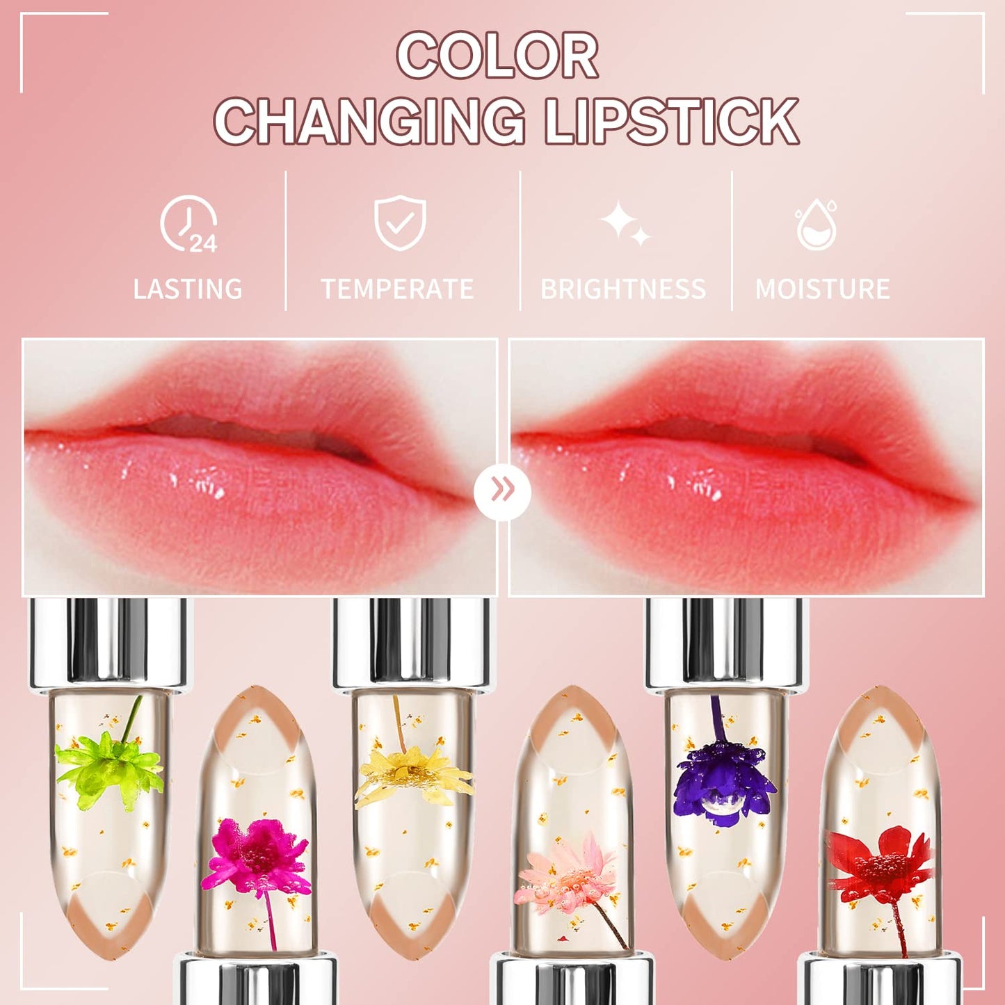 3 Pcs/Set Flower Jelly Lipstick Set Temperature Change Moisturizer Long Lasting Nutritious Glossy Shine Lip Balm Magic Gold Crystal PH Color Change Lip Gloss for Women