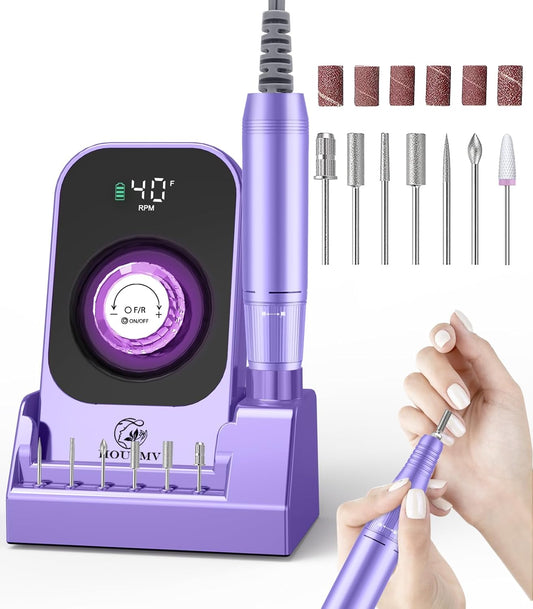 Portable Electric Nail Drill Machine: Professional Nail File Machine 40000RPM, Rechargeable Cordless Nail-E File with Bits & Base for Acrylic Nails Remove Gel Polish Manicure Salon Home, Light Purple