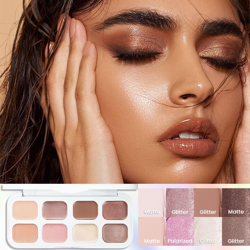 evpct 8 Colors Cream Eye Shadow Palette Makeup for Older Women, Nude Rose Pink Coffee Beige Brown Matte Shimmer Glitter Metallic Dual Eyeshadow Palette Pot creme, Eye Brightener Makeup Highlighter