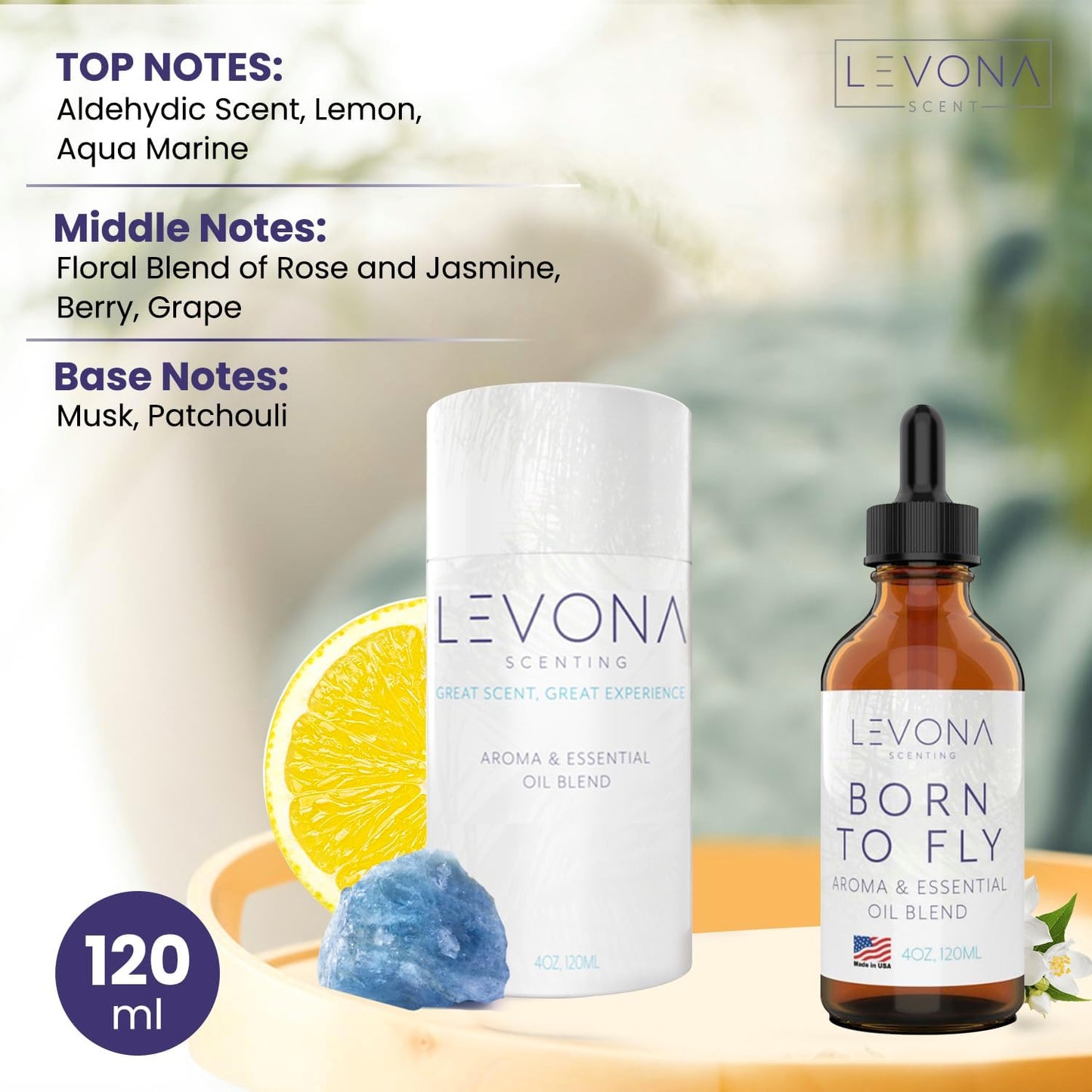 Levona Scent Essential Oils - Scents for Home, Hotel & Office Use - Perfect for Home Diffuser & Humidifiers - Aroma Fragrance Oil, Ideal for Massage, Relaxation, and Spa - Born to Fly, 120ml