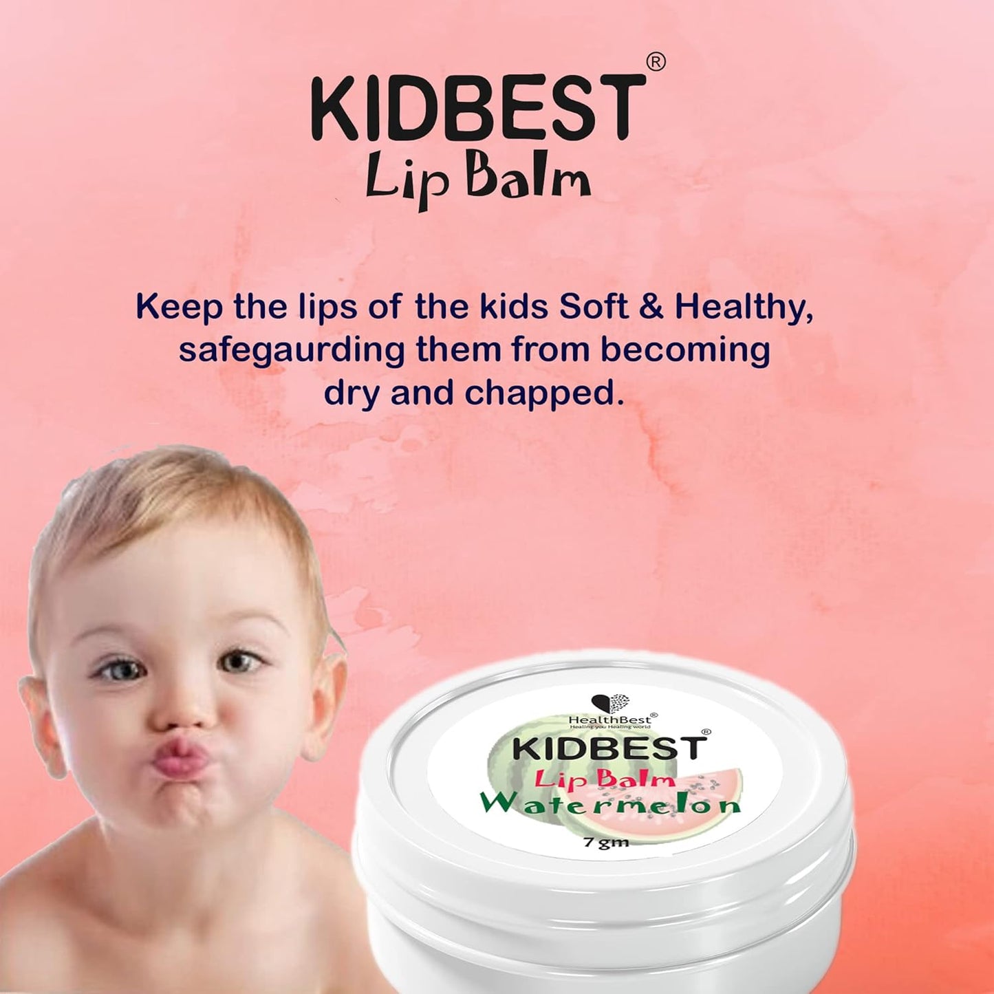 Kidbest Lip Balm for Kids, Extra Nourishing, Soothing Lips, Tear, Paraben, SLS free, Watermelon Flavor, 7gm, Peach