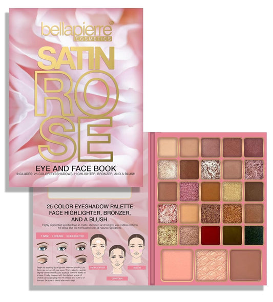 Bellapierre Satin Rose Face & Eye Book Palette | 25 Eyeshadow Shades with Blush, Bronzer, & Highlighter | Non-Toxic & Paraben Free | Vegan & Cruelty-Free