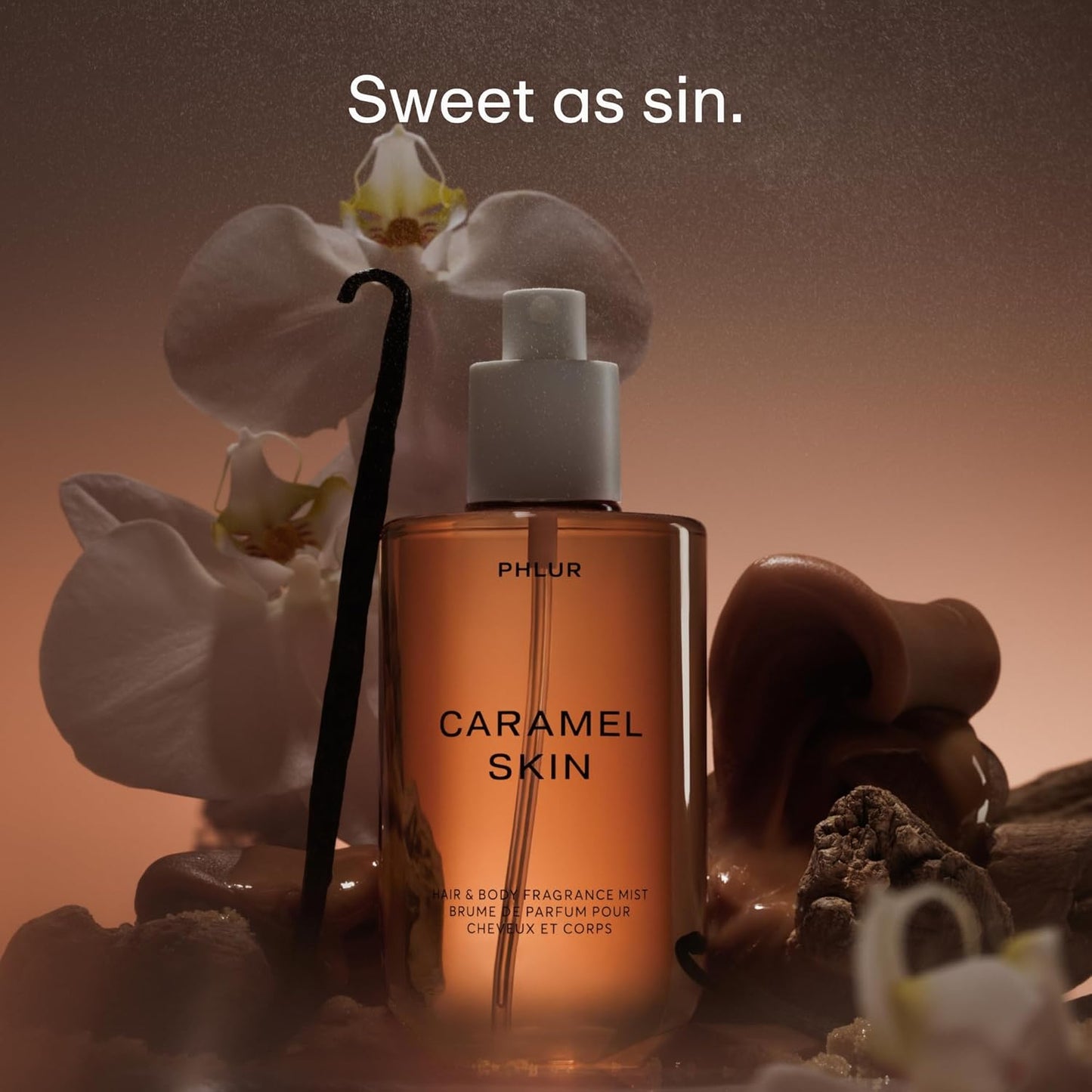 PHLUR Caramel Skin Body Mist - Hair & Body Fragrance Mist - Caramel Body Spray with Vanilla, Brown Sugar, Bergamot, Sandalwood & Musk (8 Fl Oz)