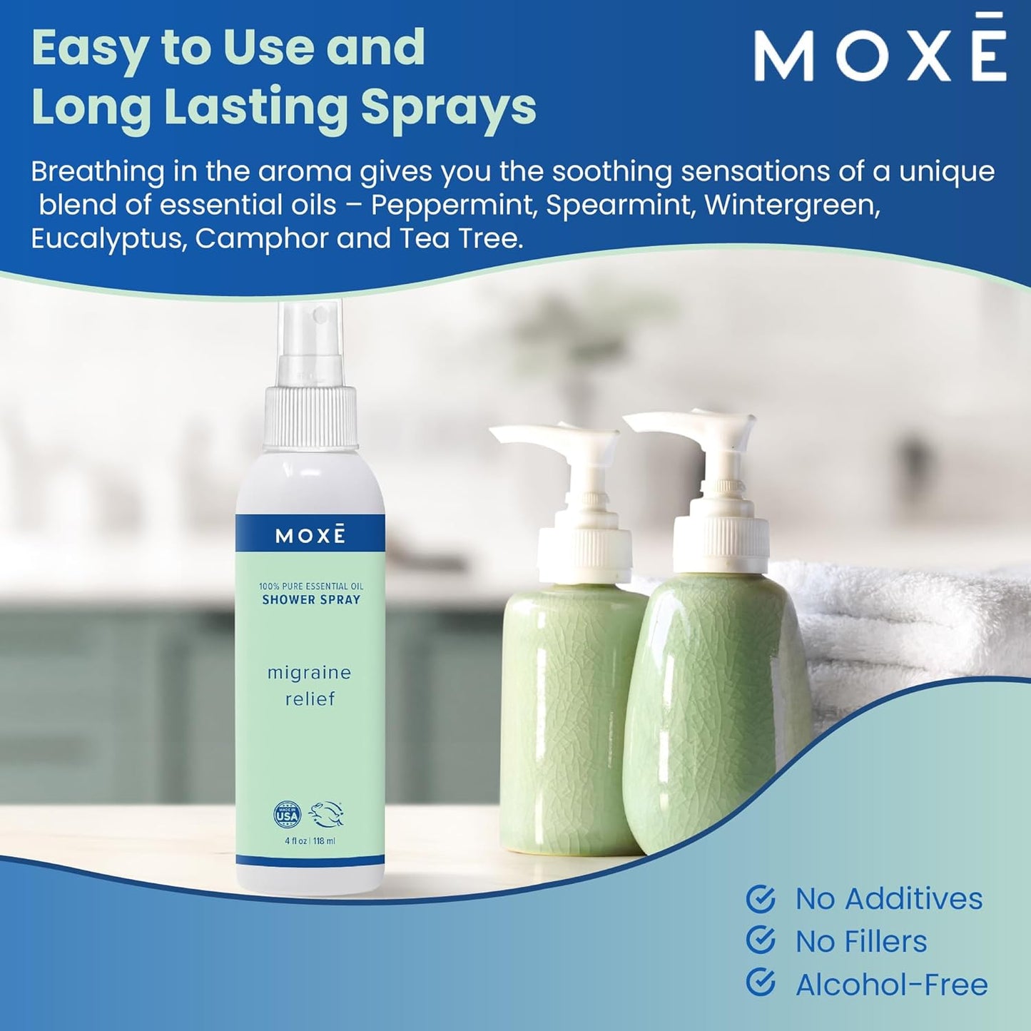MOXE Migraine Relief Aromatherapy Shower Spray, Essential Oils for Headaches & Tension Relief, Natural 100% Essential Oils, Pure & Undiluted, Peppermint, Spearmint, Eucalyptus, Tea Tree, Made in USA …