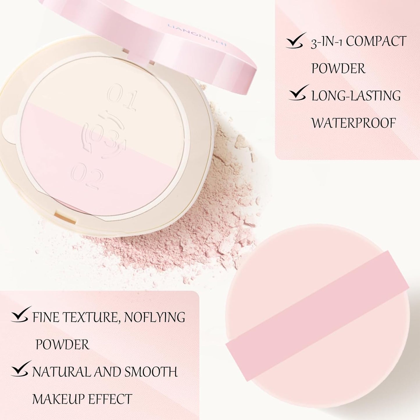 Pink Setting Powder, 3 in 1 Blush Palette with Puff, Highlighter Palette, Fine Texture Blush Pressed Powder, Setting Powder Makeup, Korea Makeup - Pink