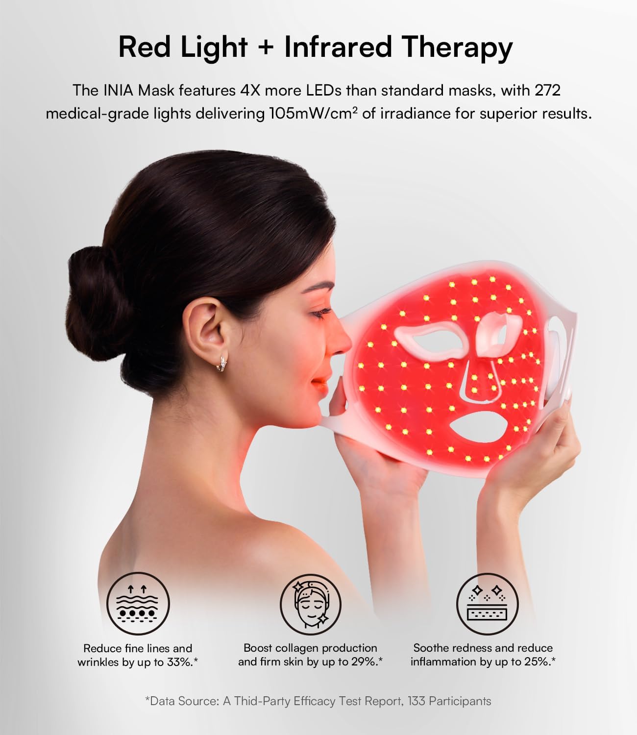 INIA Red Light Therapy Mask for Face, Glow Wireless LED Face Mask Light Therapy with Near-Infrared Red Light (NIR), Rechargeable and Ergonomic Design for Home & Travel