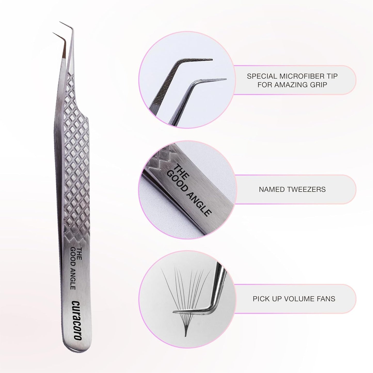 Curacoro Lash Tweezer - Professional & Precision Fiber Tip Grip Lash Tweezers for Eyelash Extensions, Multi Shapes & Purposes Tweezers for Volume, Isolation & Classic Lashes (Silver, The Good Angle)