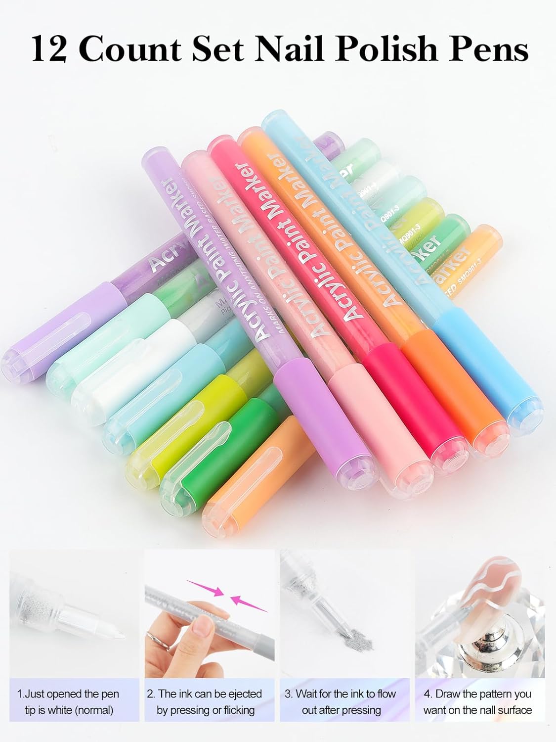 EBANKU 12 Colors Nail Art Pens Acrylic Paint Marker, Nail Polish Pens Quick Drying 0.7MM 3D Acrylic Paint Pens Clear Handle Nail Point Liner Drawing Painting Dotting Tool for Nail Art Design(Set B)