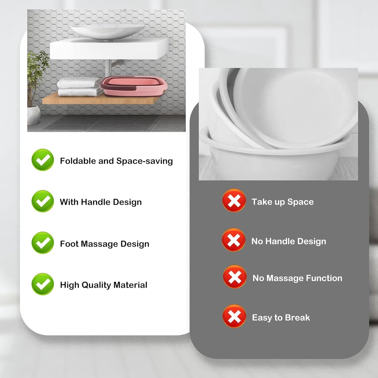 Foot Bath Collapsible Foot Soak Tub,Beinilai Collapsible Foot Bath Basin,Multifunction Plastic Basin with Handles,Foot Tub for Soaking Feet-Pink