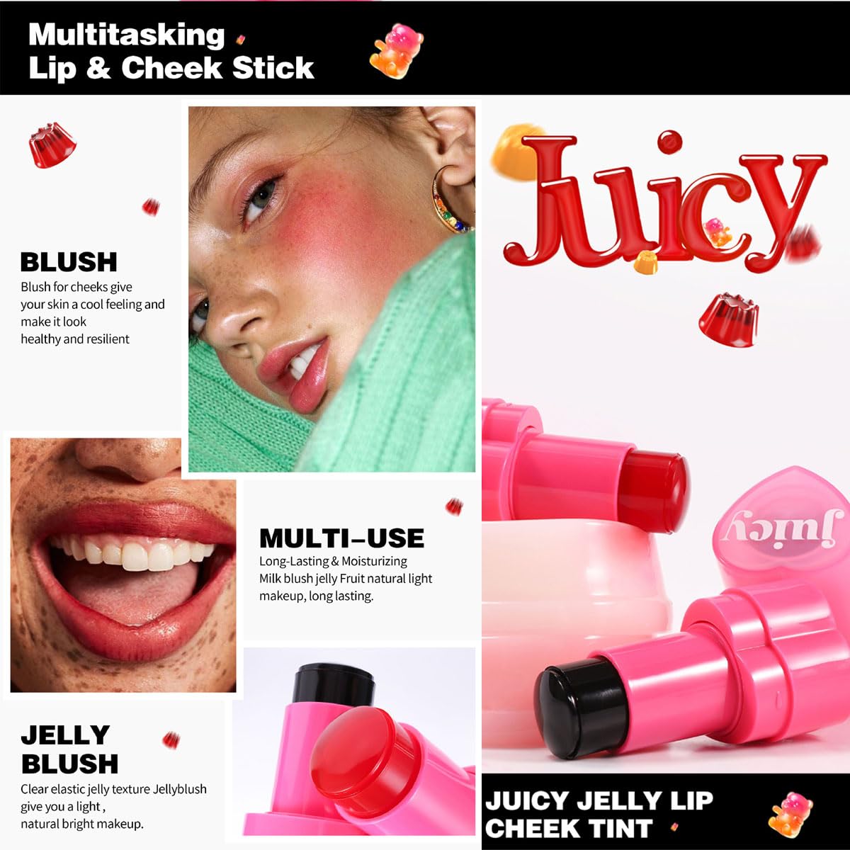 Cooling Water Jelly Tint Stick，Multi-Use Juicy Love Blush, 3-In-1cheek Blush & Eyeshadow & Lip Tinted Long-Lasting Moisture Stick，Bouncy Jelly Texture，Creates A Moist Watercolor Effect (#03, 0.32oz)
