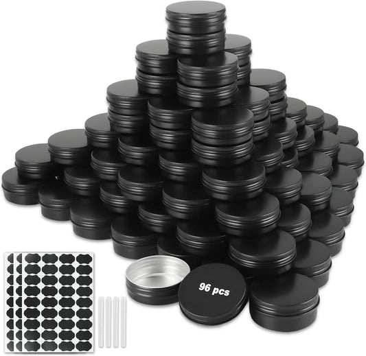 96 Pack Round Cans with Screw Lid 2 Oz Aluminum Metal Tins DIY Food Candle Containers for Lotion Bars, Balms, Salve, Spices, Beard Balm, Crafts with 4 Markers 3 Sheets Label Stickers (Black)