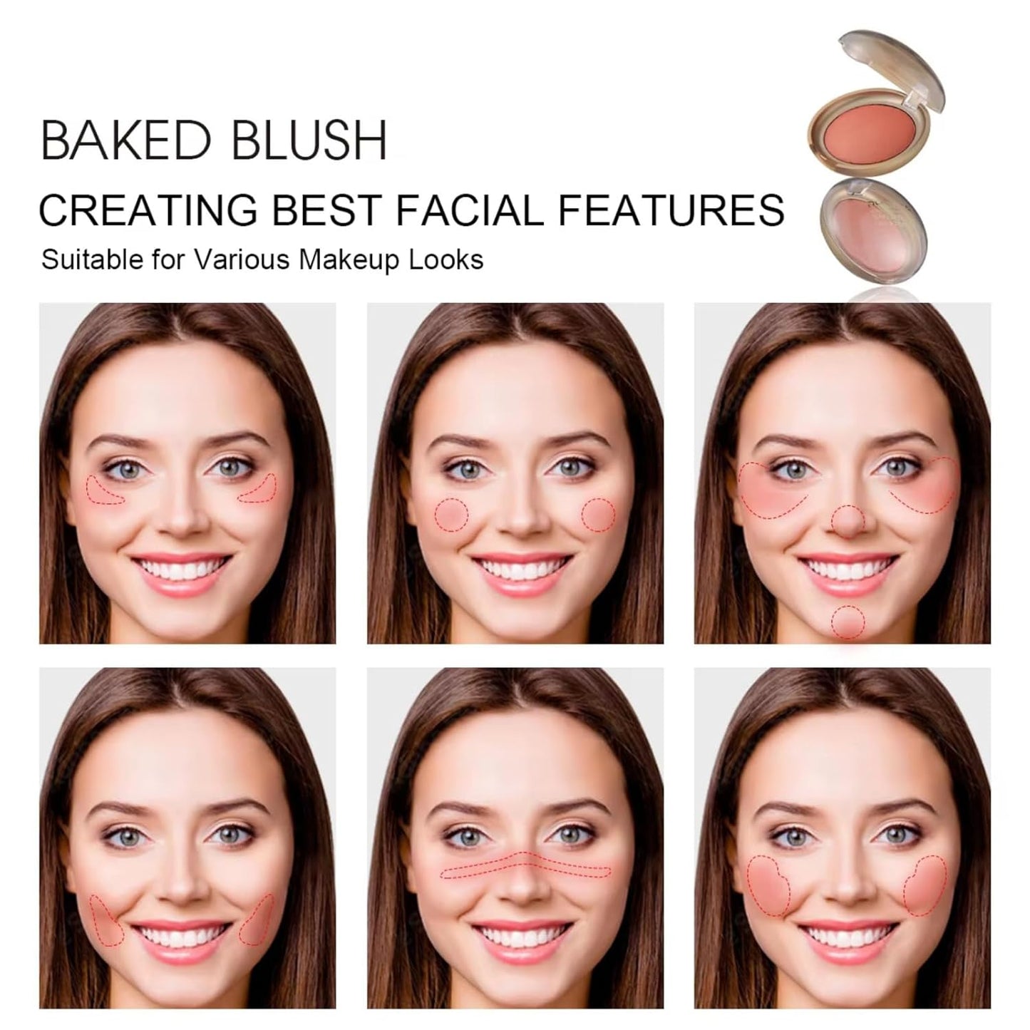 Baked Blush, Marbleized Blush for Cheeks, Shimmery Satin Finish Powder Blushes Palette, Buildable Color Natural Face Makeup Powder