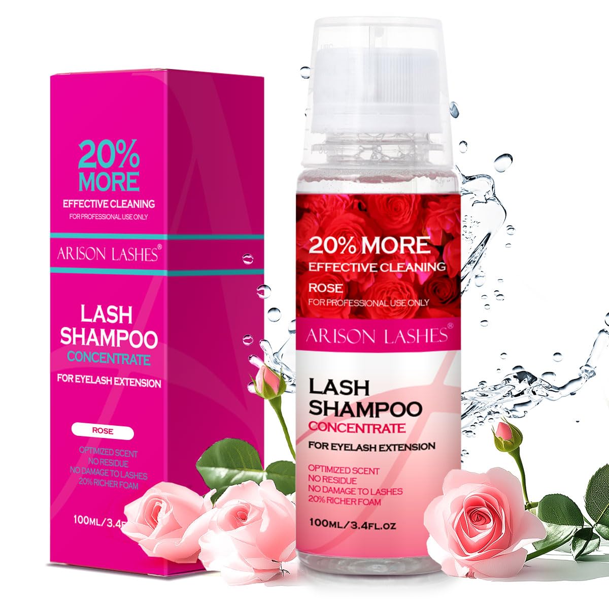 ARISON LASHES Lash Shampoo Concentrate for Lash Extensions 100ML Eyelash Cleanser Concentrate Oil-Free Eyelash Extension Shampoo with Salon Home Care(Rose)