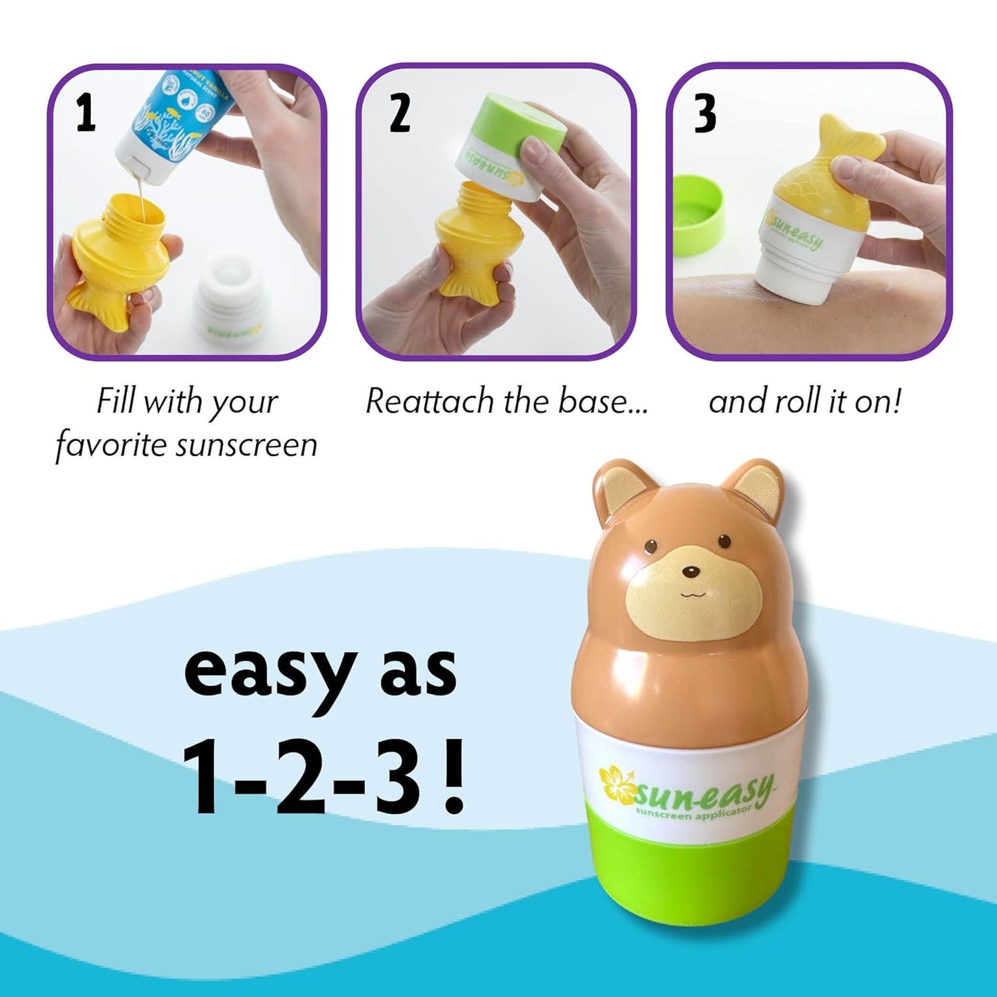 YAYA ORGANICS Sun-Easy Sunscreen Applicator, Refillable Roll-On with Sponge for Kids and Babies, Fun, Fast and Mess-Free application, Holds 100 ml, Bear/Blue Cap