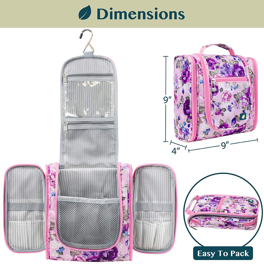 PAVILIA Toiletry Bag Travel Bag for Women Men, Hanging Cosmetic Organizer, Water Resistant Makeup Bag for Accessories Toiletries, Large Travel Essentials Kit (Floral Pink)