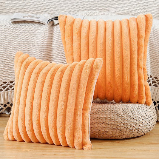 MADIZZ Set of 2 Faux Wool Plush Decorative Throw Pillow Covers 18x18 Inch Orange Fluffy Striped Soft Decorative Cushion Cover for Sofa Bedroom Pillow Shell