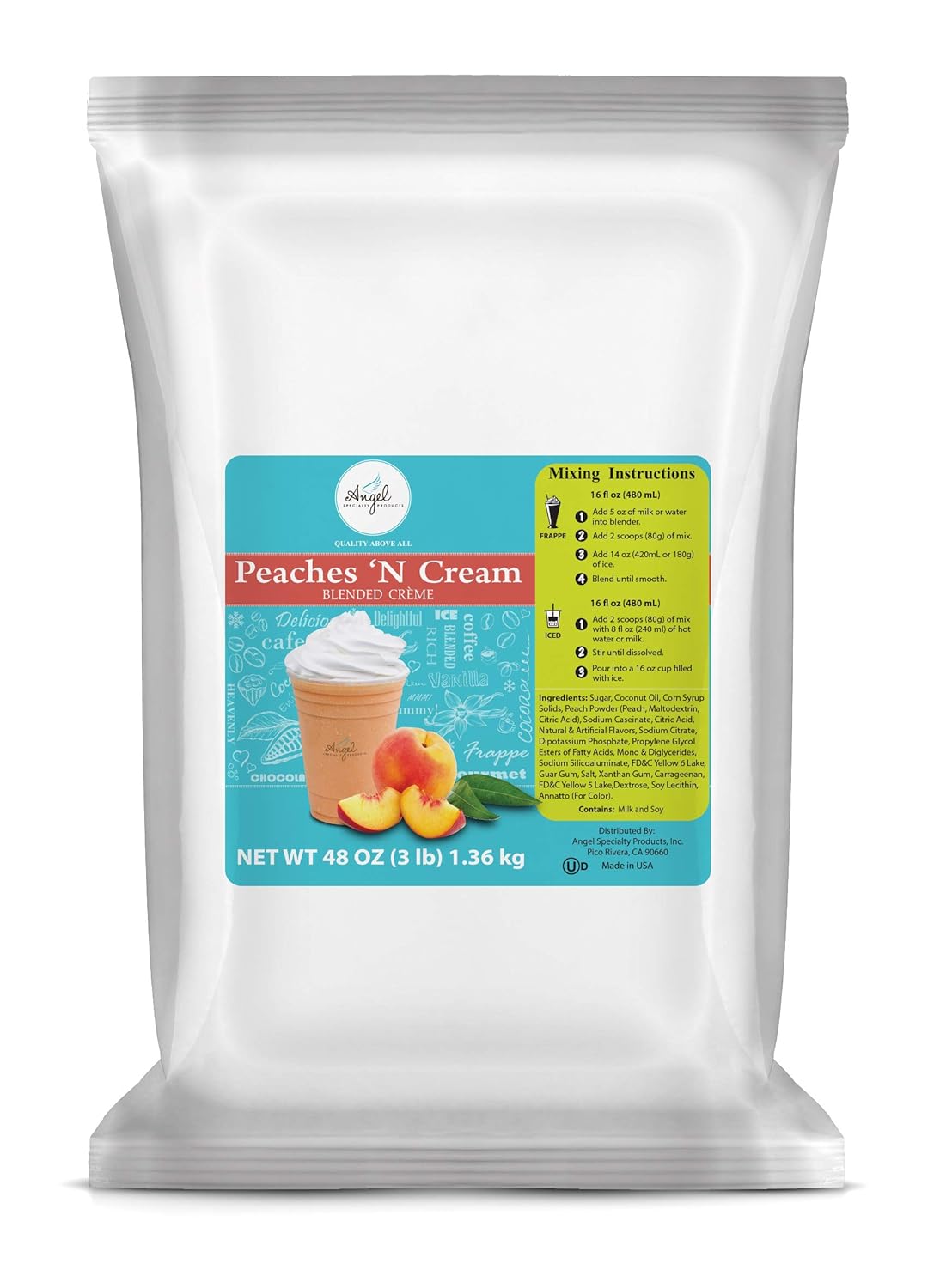 Angel Specialty Products, Blended Smoothie, Frappe Powder Mix, Peaches ‘N Cream [3 LB] [34 Servings]