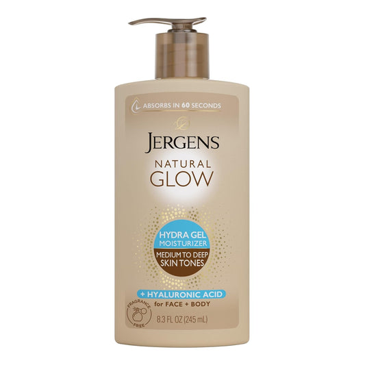 Jergens Natural Glow Hydra Gel Moisturizer, Gradual Tanning Lotion with Hyaluronic Acid, Hydrating Tanning Gel, Fragrance-Free Self Tanner, Medium to Deep Skin Tones 8.3 Fl Oz