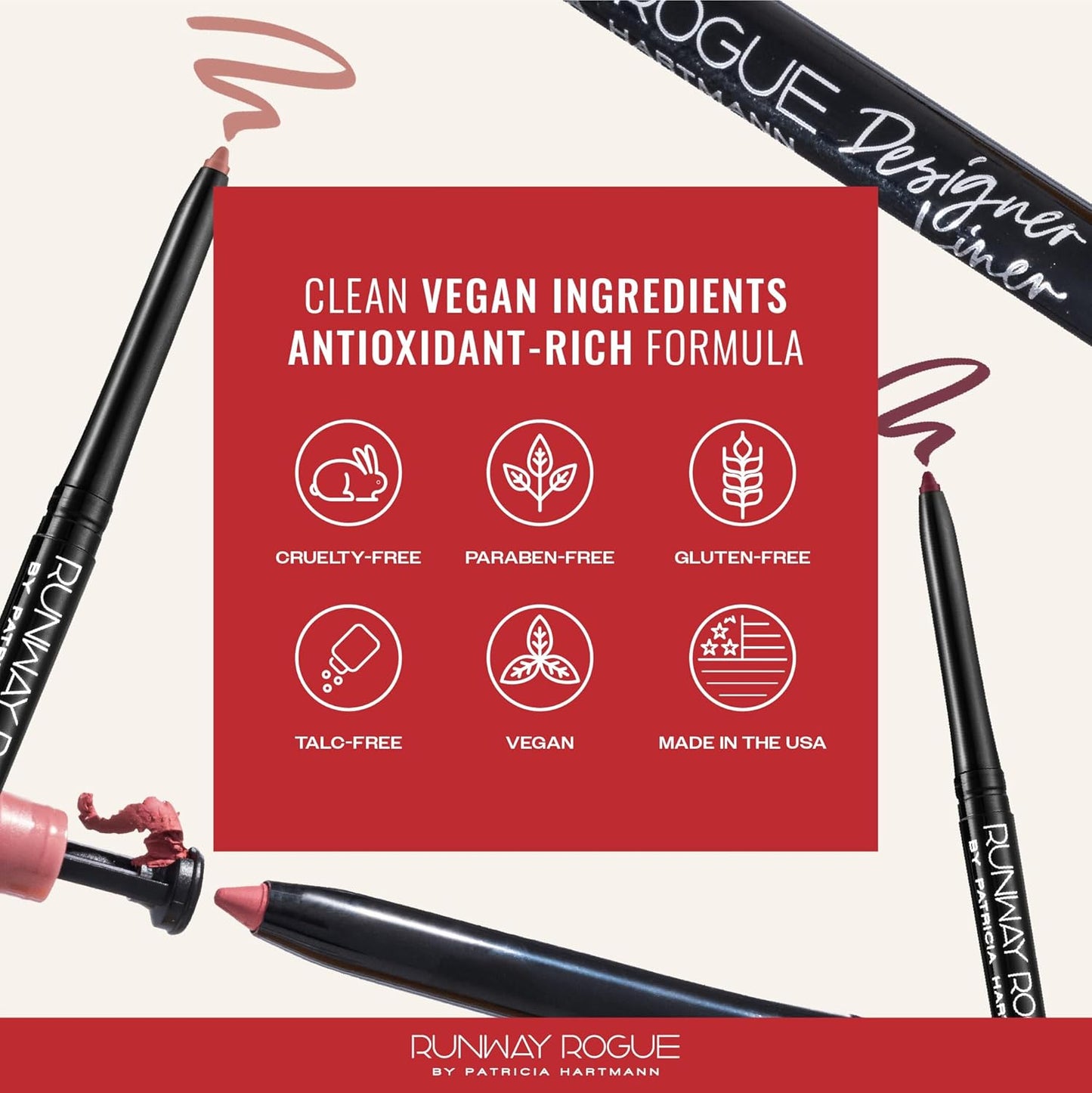 Runway Rogue Designer Liner Lip Pencil, Matte Rich Burgundy-Blackberry Lip Liner Pencil and Lip Liner Sharpener, ‘Throwback’