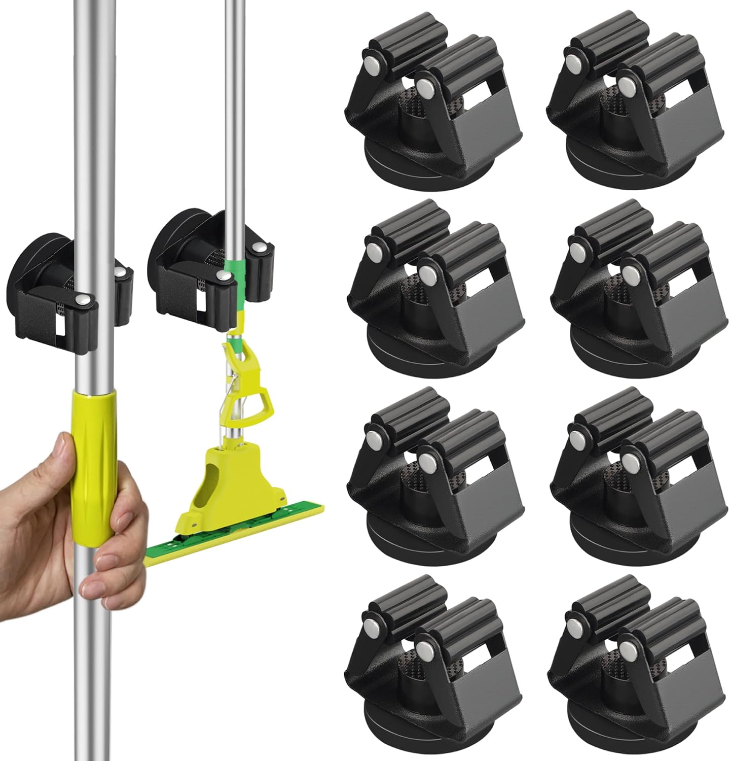 ULIBERMAGNET Magnetic Mop Broom Holder,Heavy Duty Movable Magnetic Broom Holder Rack,Anti-slip Wall Mounted Utility Storage Mop Shovel Hanger for Garage, Kitchen, Laundry, Garden(8 Pack/Black)