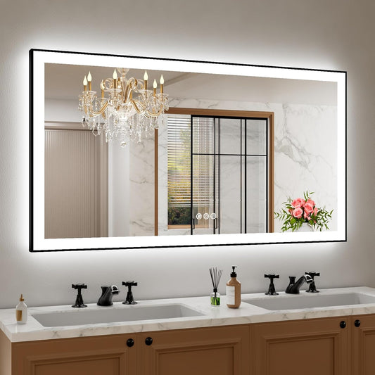 Amorho 55" X30" LED Bathroom Mirror with Black Frame, Front Light and Backlit(Controlled Separately), Stepless Dimmable, Anti-Fog, Shatter-Proof, 3 Colors, Memory